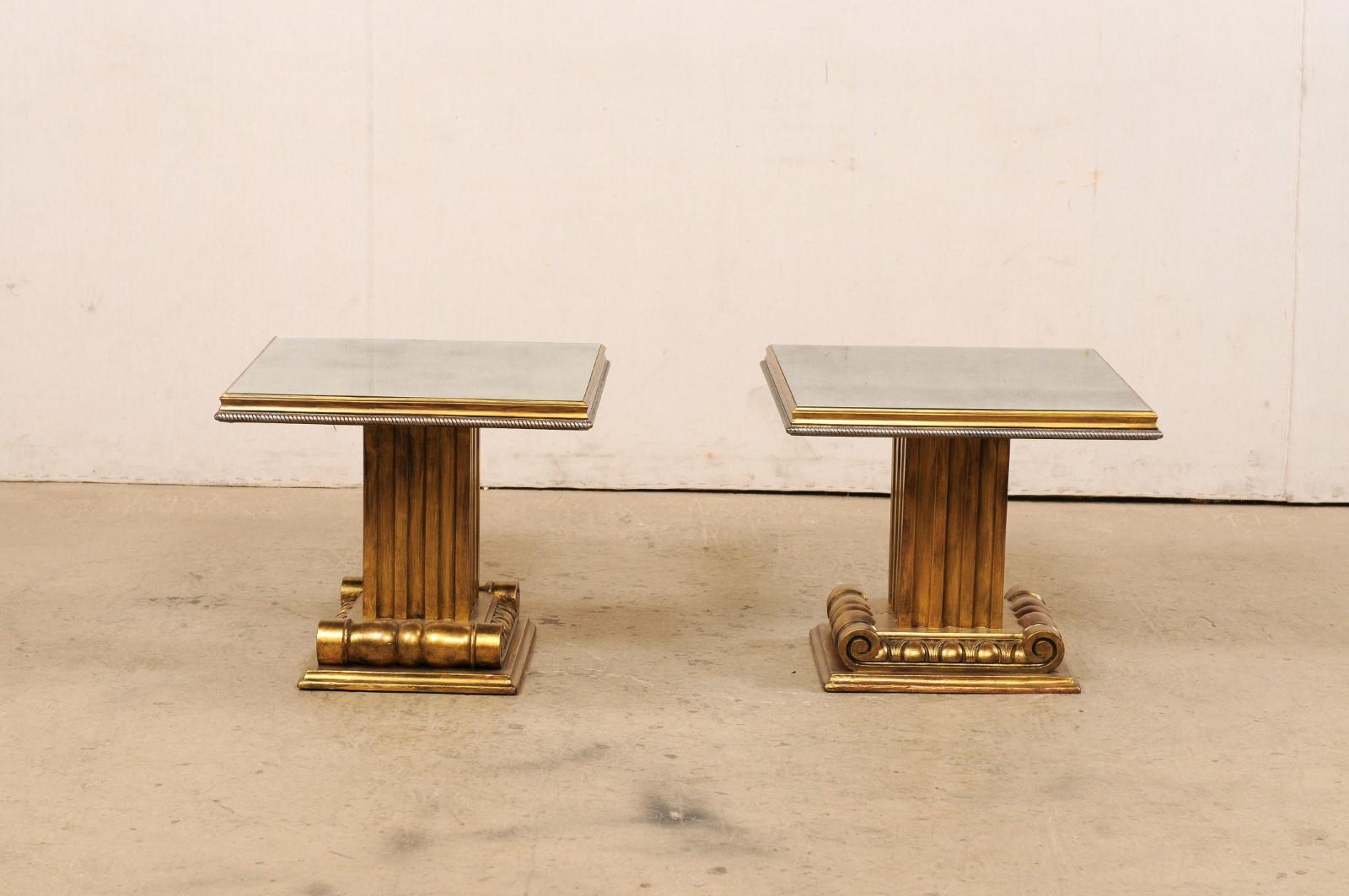 French Pair of Gold & Antiqued Mirror Top Pedestal Side Tables For Sale 2