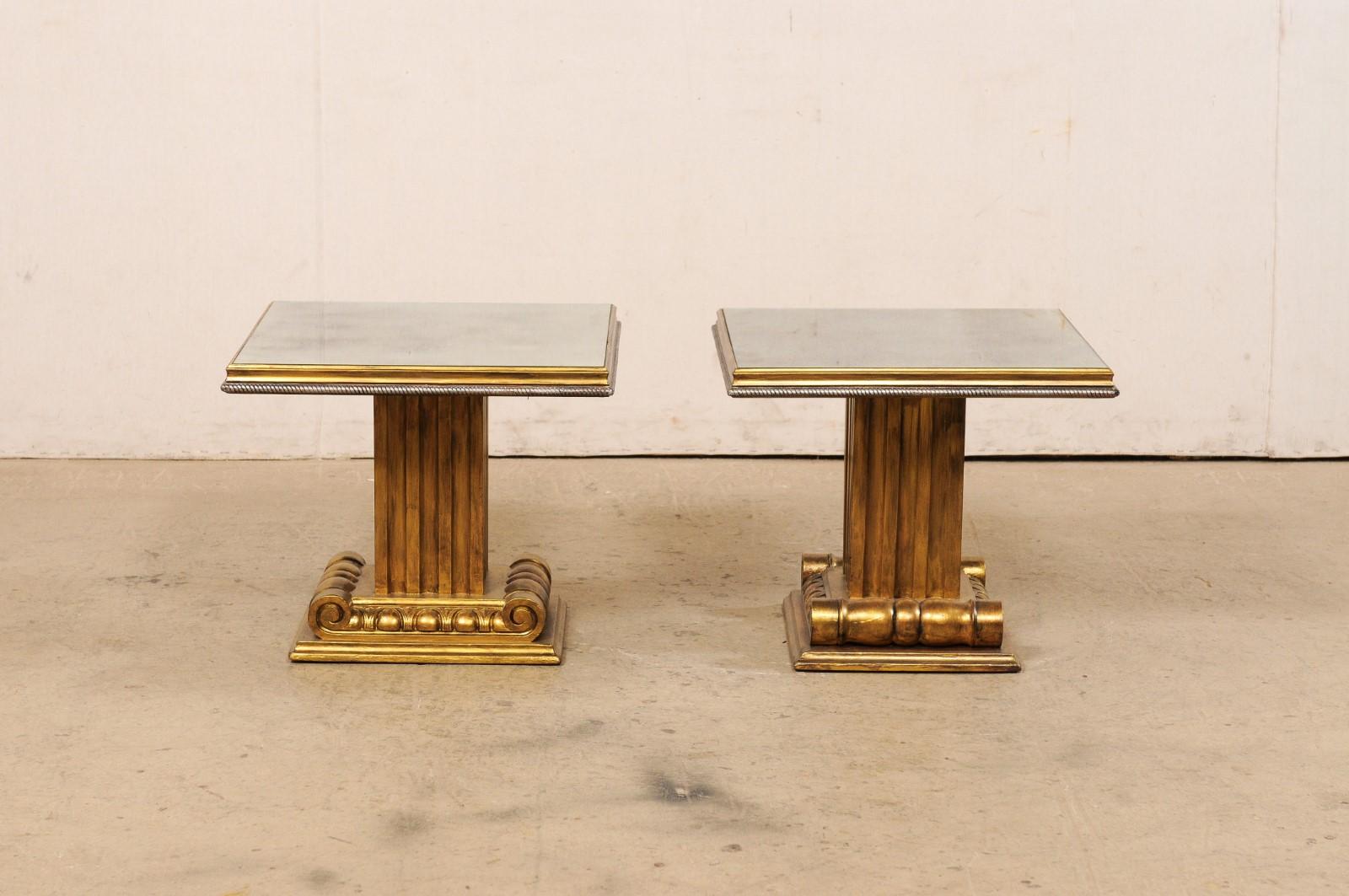French Pair of Gold & Antiqued Mirror Top Pedestal Side Tables For Sale 3