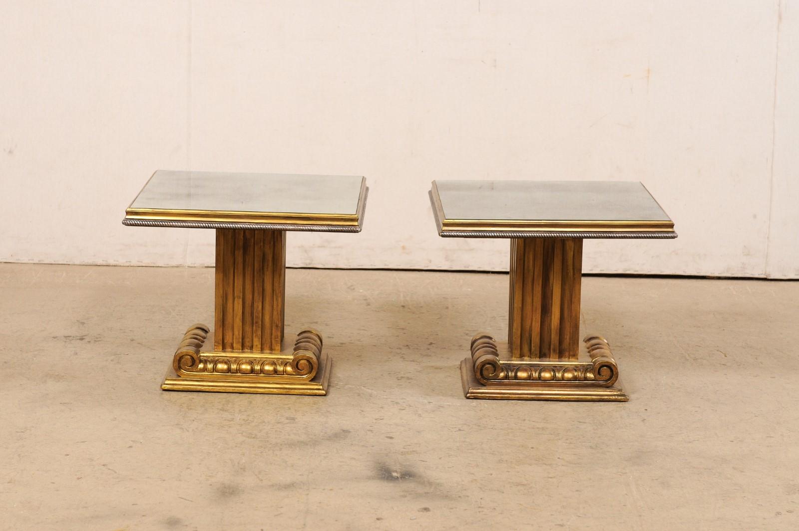 French Pair of Gold & Antiqued Mirror Top Pedestal Side Tables For Sale 4