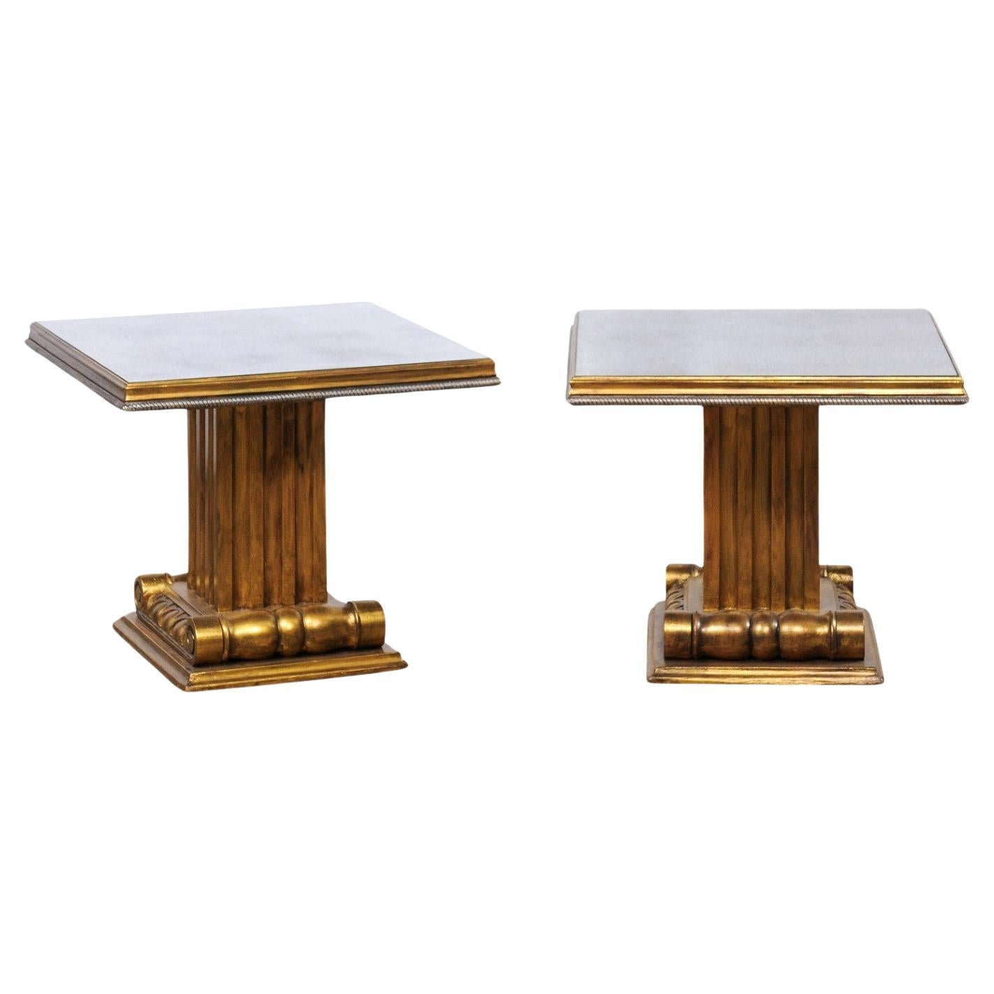 French Pair of Gold & Antiqued Mirror Top Pedestal Side Tables For Sale