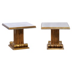 French Pair of Gold & Antiqued Mirror Top Pedestal Side Tables
