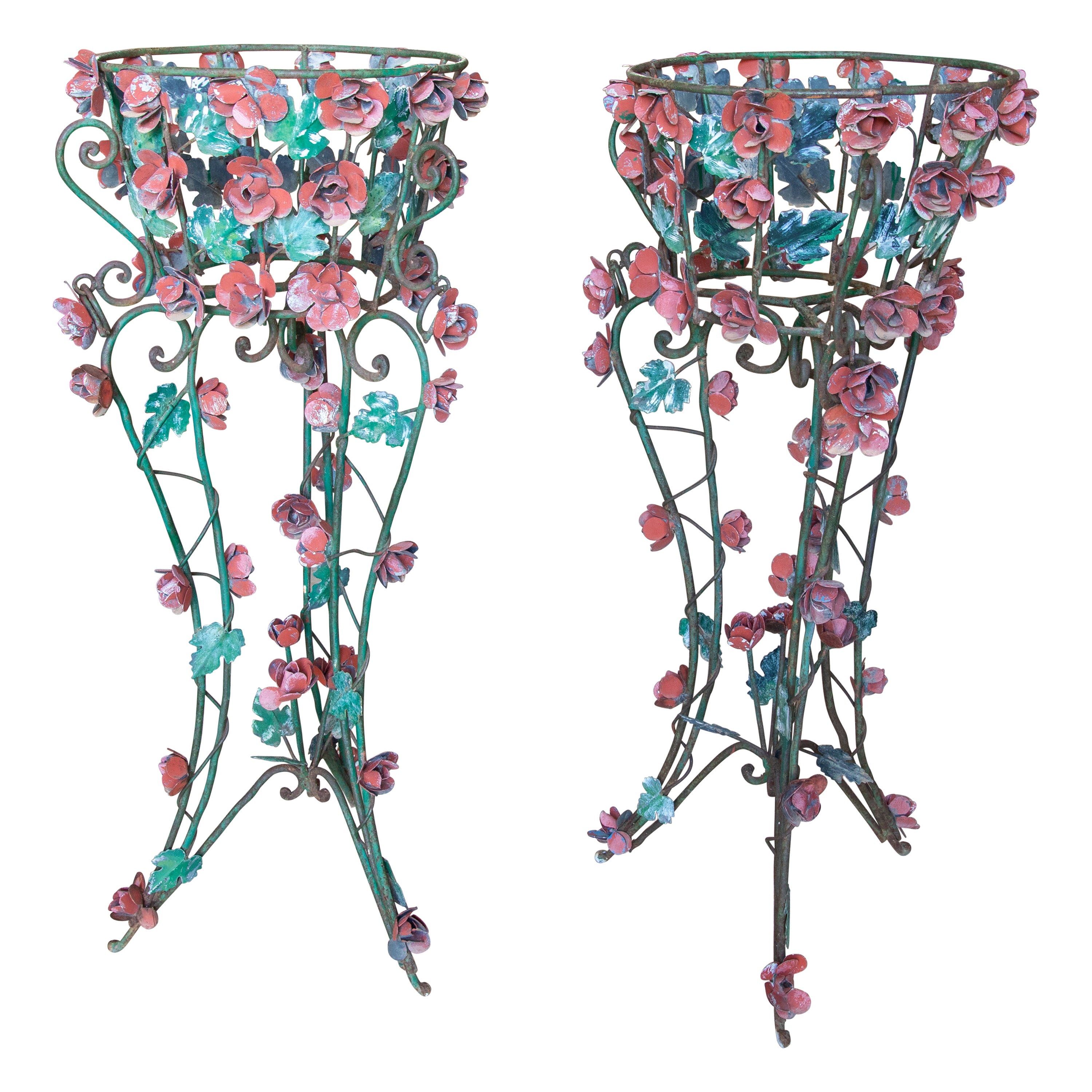 French  Pair of Hand-Painted Iron and Metal Supports for Planters