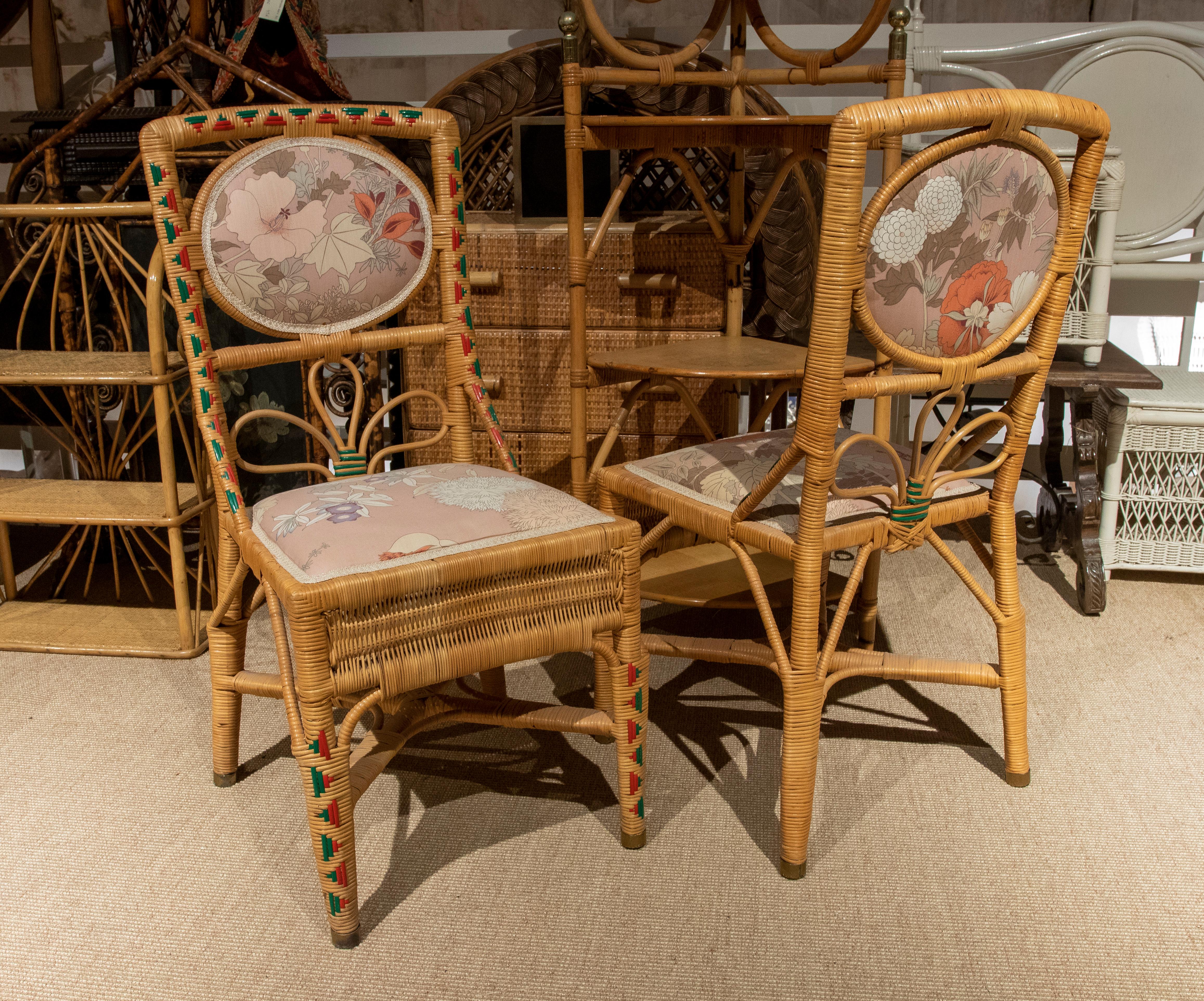 20th Century French Pair of Handmade Wicker Chairs with Colorful Decoration