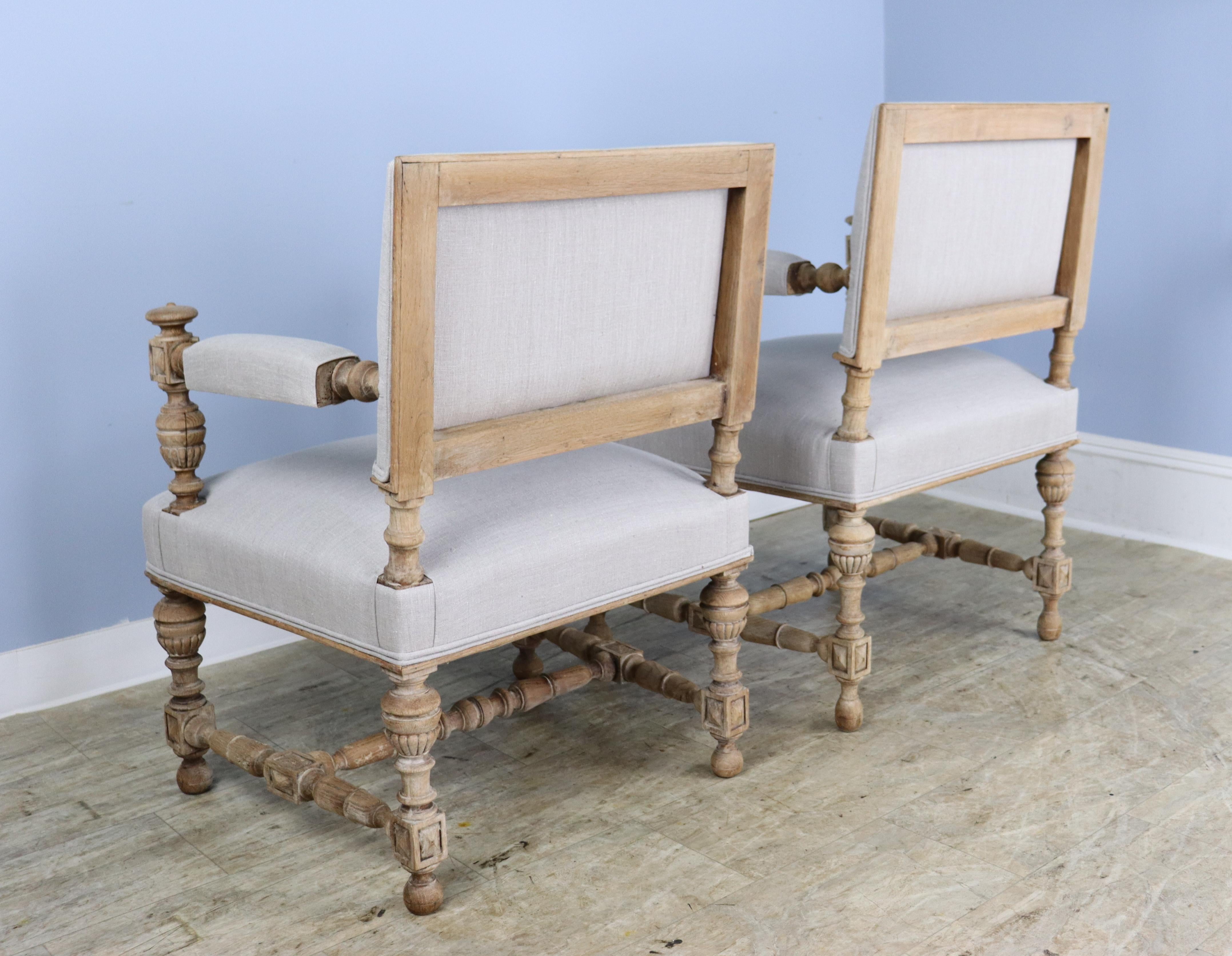 French Pair of His and Hers Bleached Oak Armchairs For Sale 8