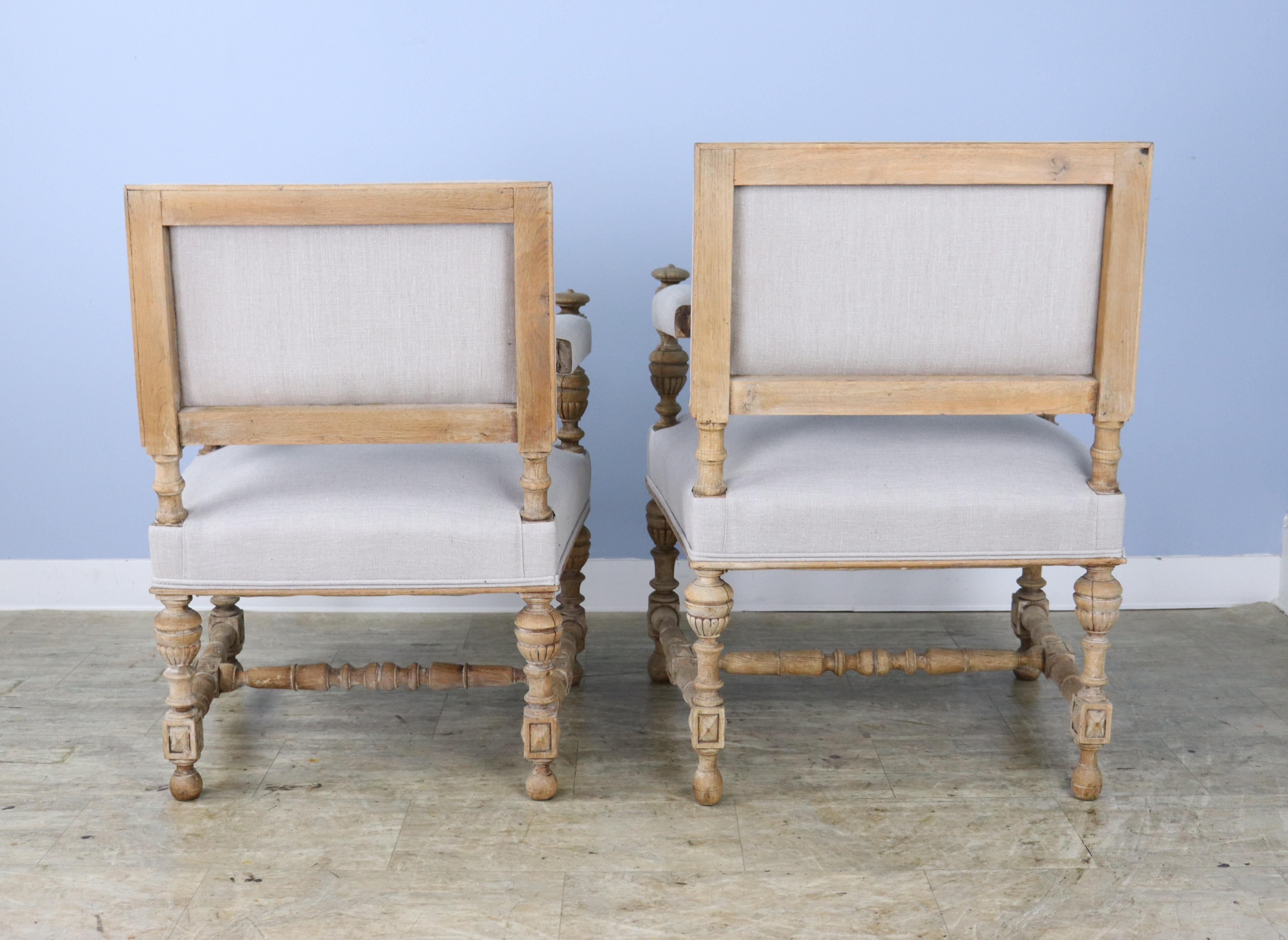 French Pair of His and Hers Bleached Oak Armchairs For Sale 9