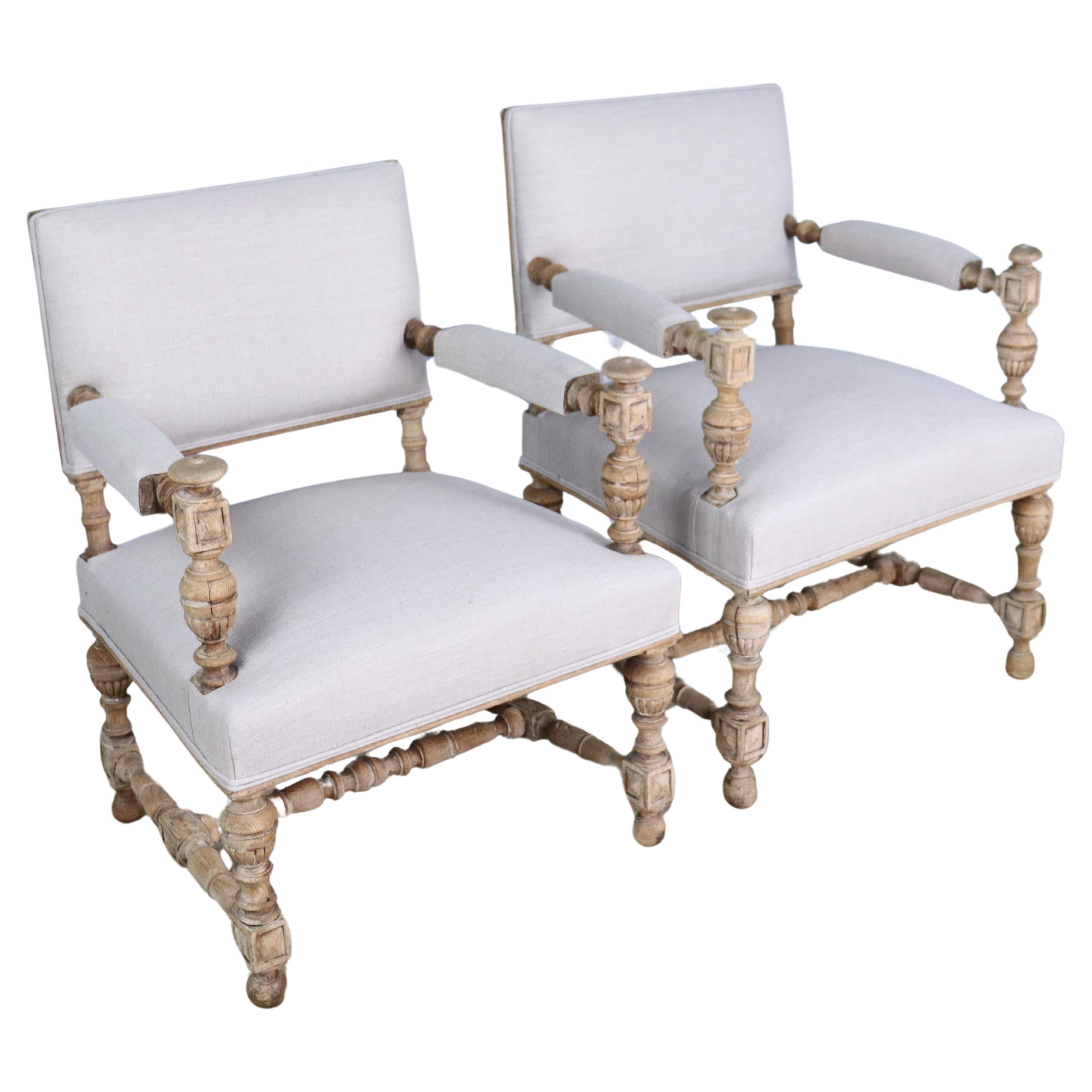 French Pair of His and Hers Bleached Oak Armchairs For Sale