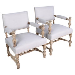 French Pair of His and Hers Bleached Oak Armchairs