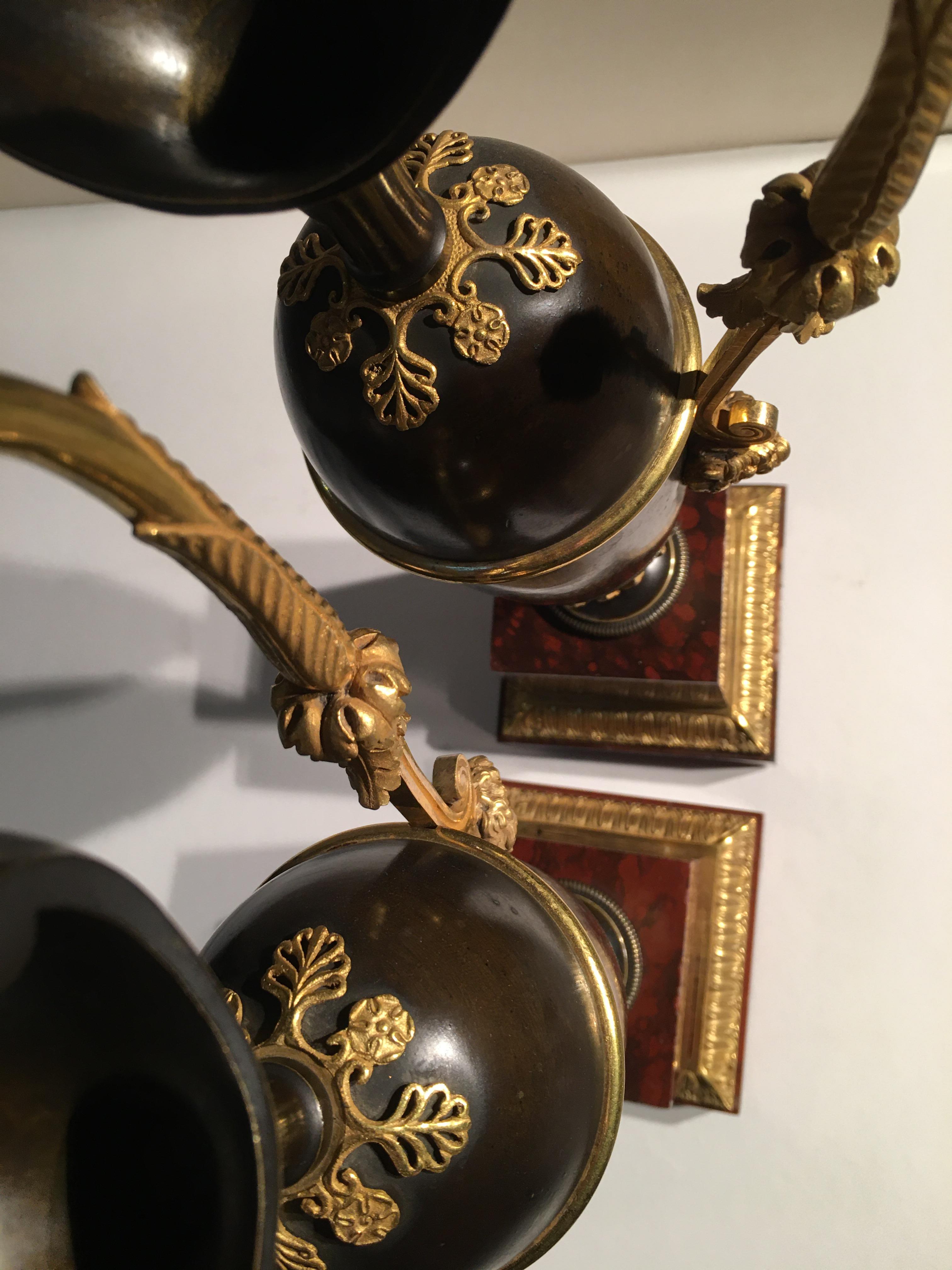 French Pair of Jars in Gilded and Patinated Bronze on a Marble Base Red Campan For Sale 4