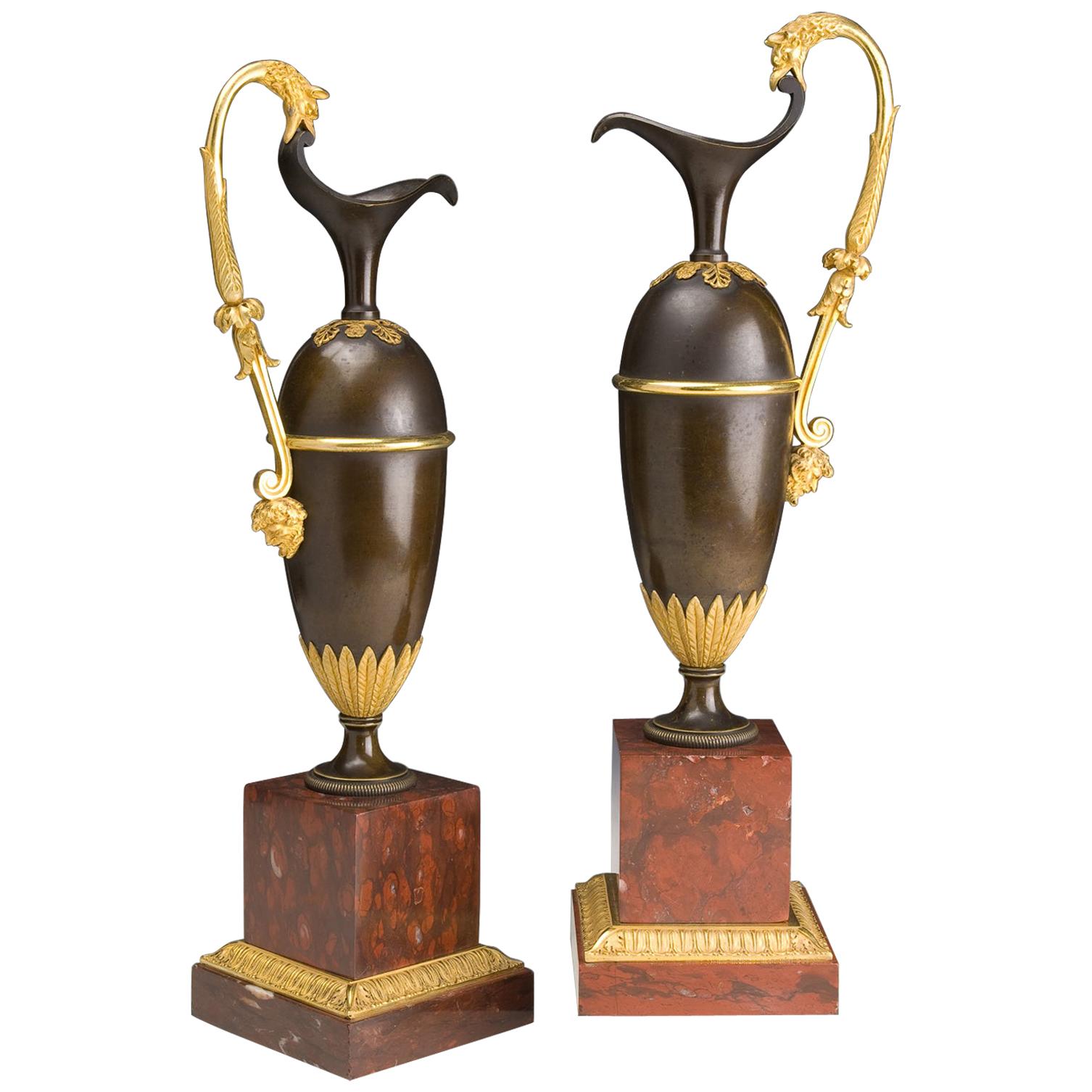 French Pair of Jars in Gilded and Patinated Bronze on a Marble Base Red Campan