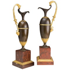 Antique French Pair of Jars in Gilded and Patinated Bronze on a Marble Base Red Campan