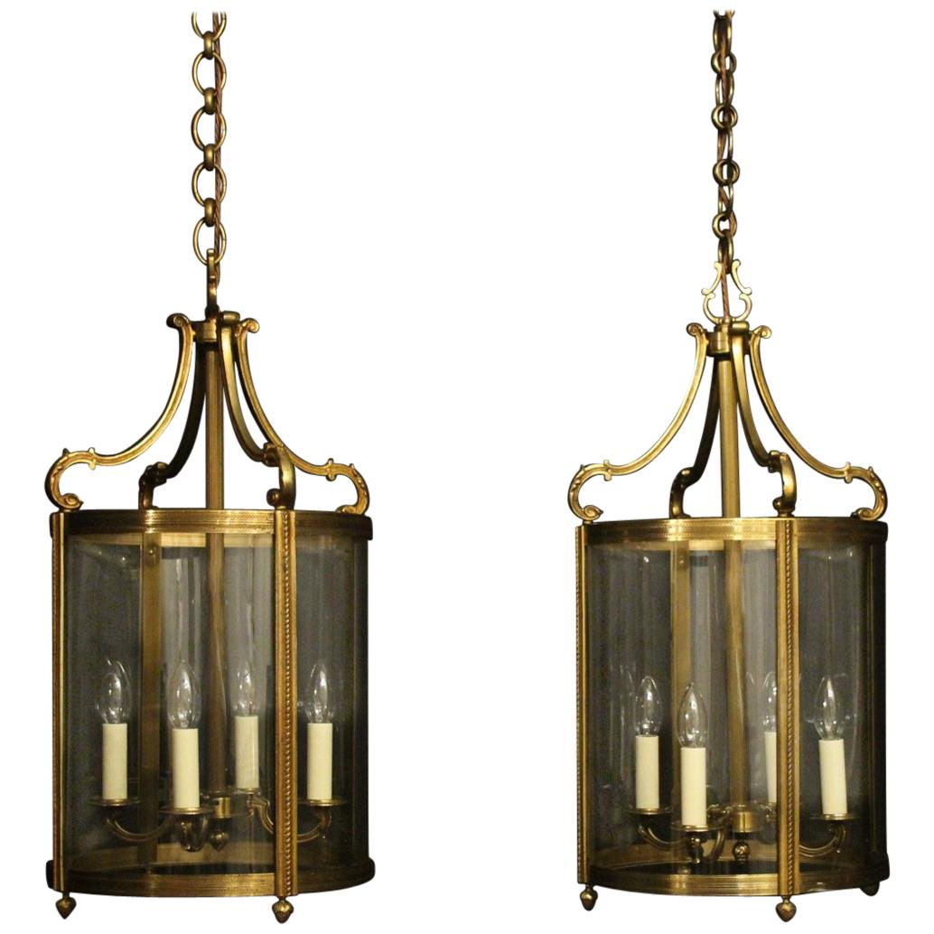 French Pair Of Large Gilded Bronze Convex Antique Hall Lanterns