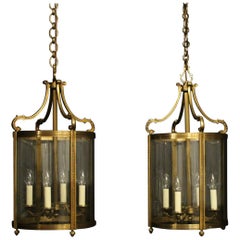 French Pair Of Large Gilded Bronze Convex Antique Hall Lanterns