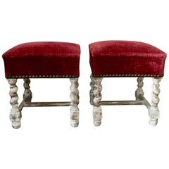 French Pair of Louis XIII Style Stools, Red Linen Velvet with Turned Legs