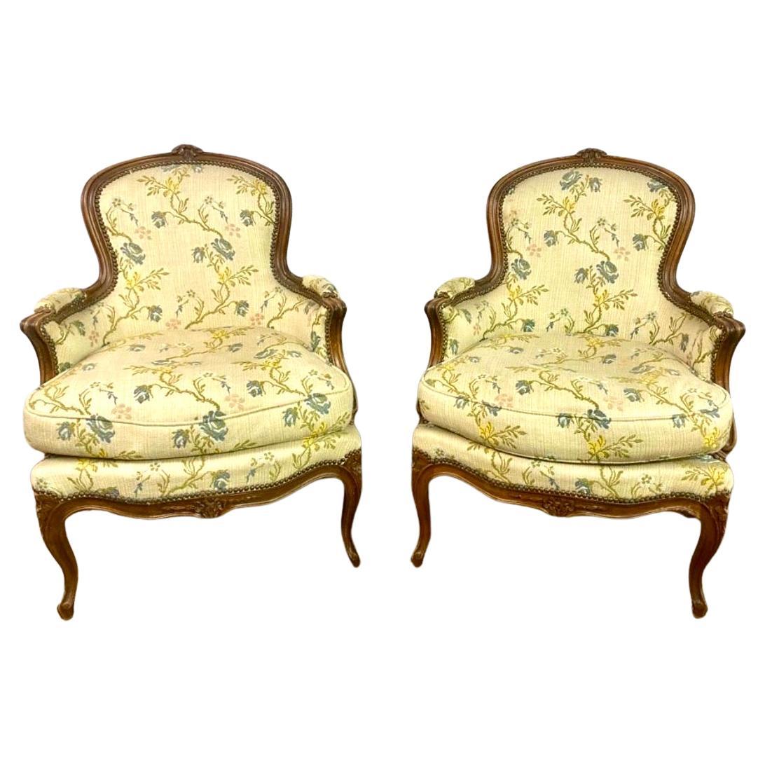 French Pair of Louis XV style bergere armchairs - carved wood - 19th - France For Sale