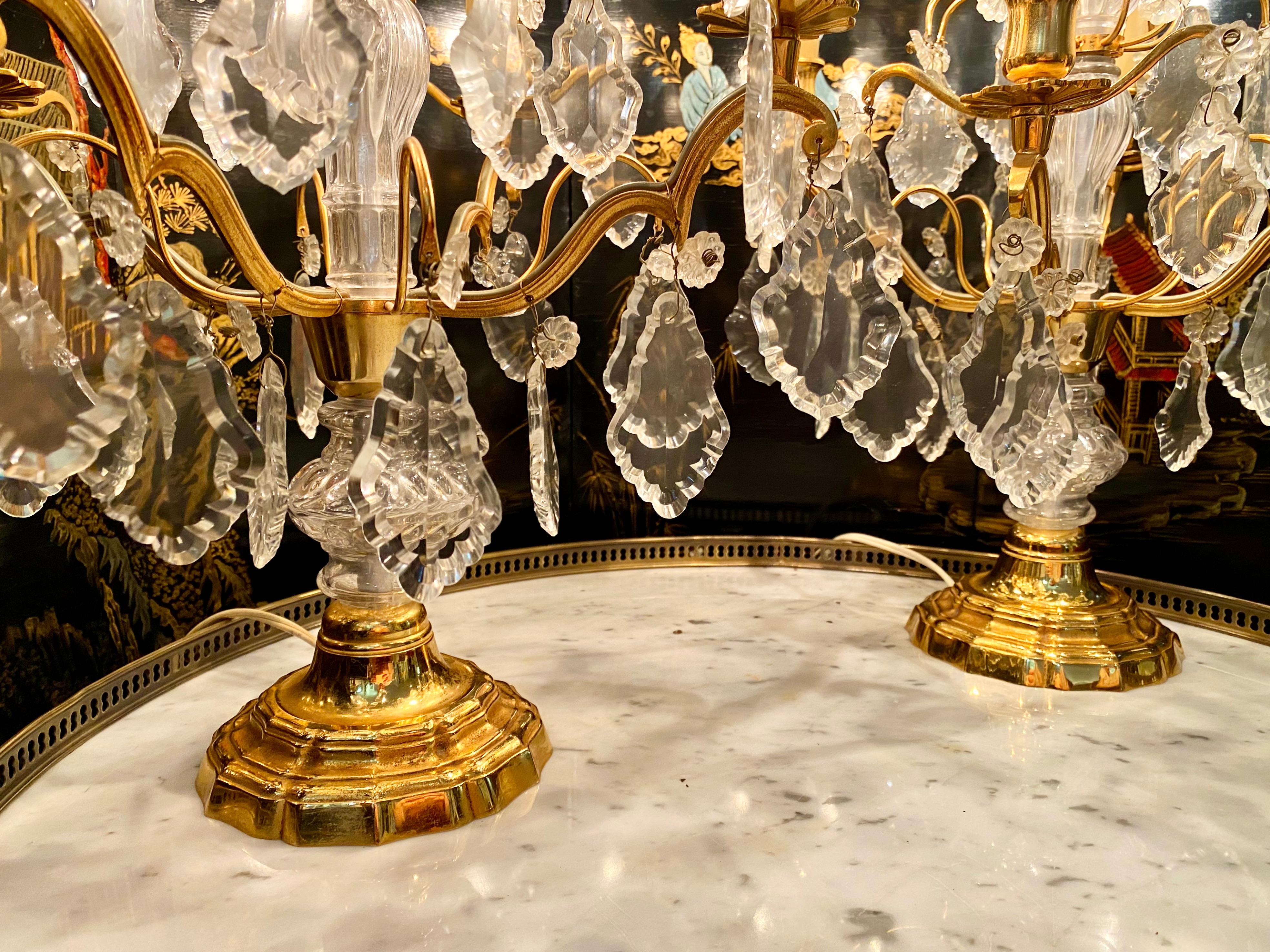 French Pair of Louis XV Style Bronze Girandoles Crystal Candelabras For Sale 6