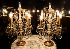 French Pair of Louis XV Style Bronze Girandoles Crystal Candelabras