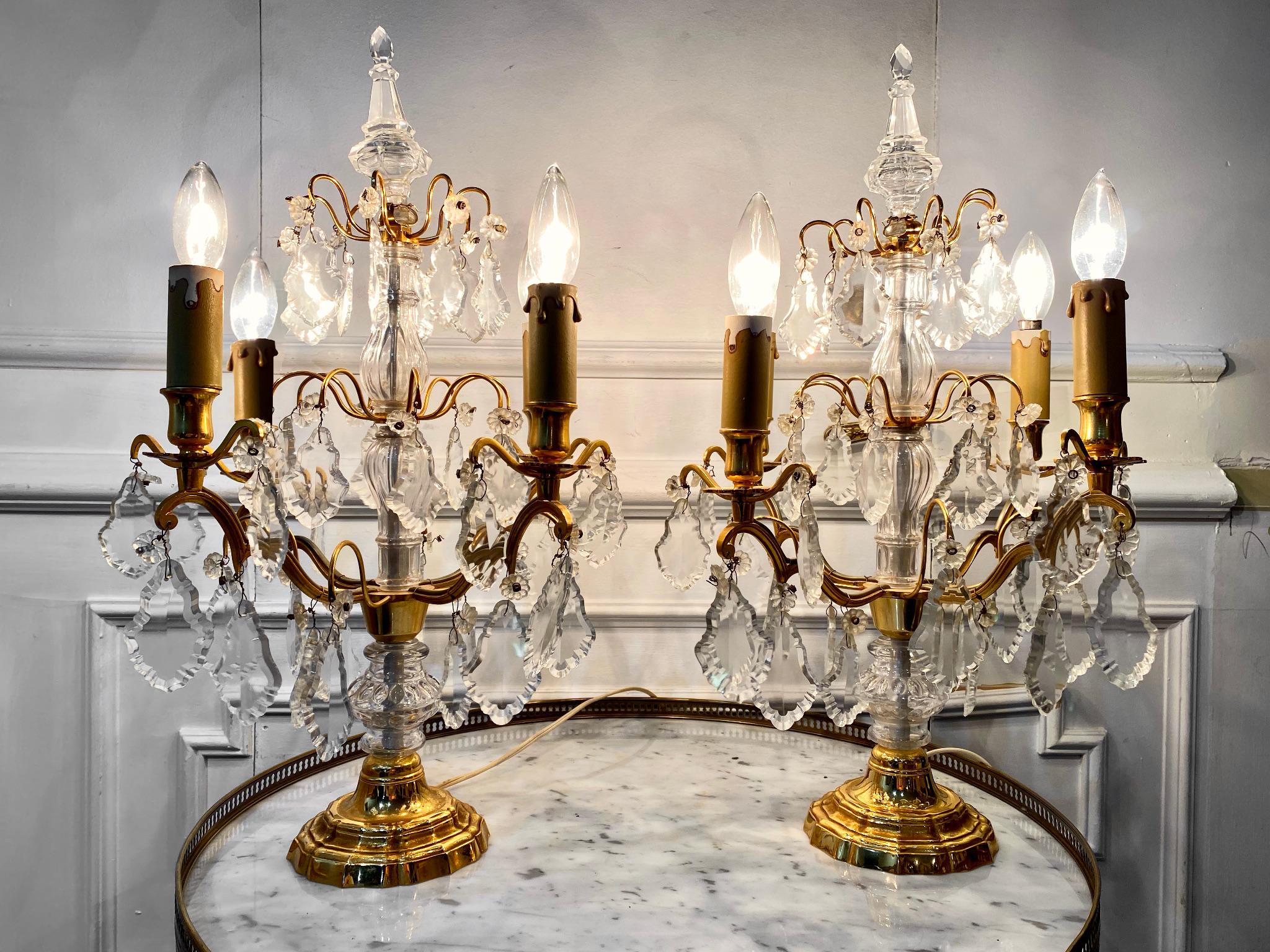 Gilt French Pair of Louis XV Style Bronze Girandoles Crystal Candelabras For Sale