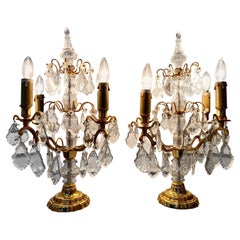 French Pair of Louis XV Style Bronze Girandoles Crystal Candelabras