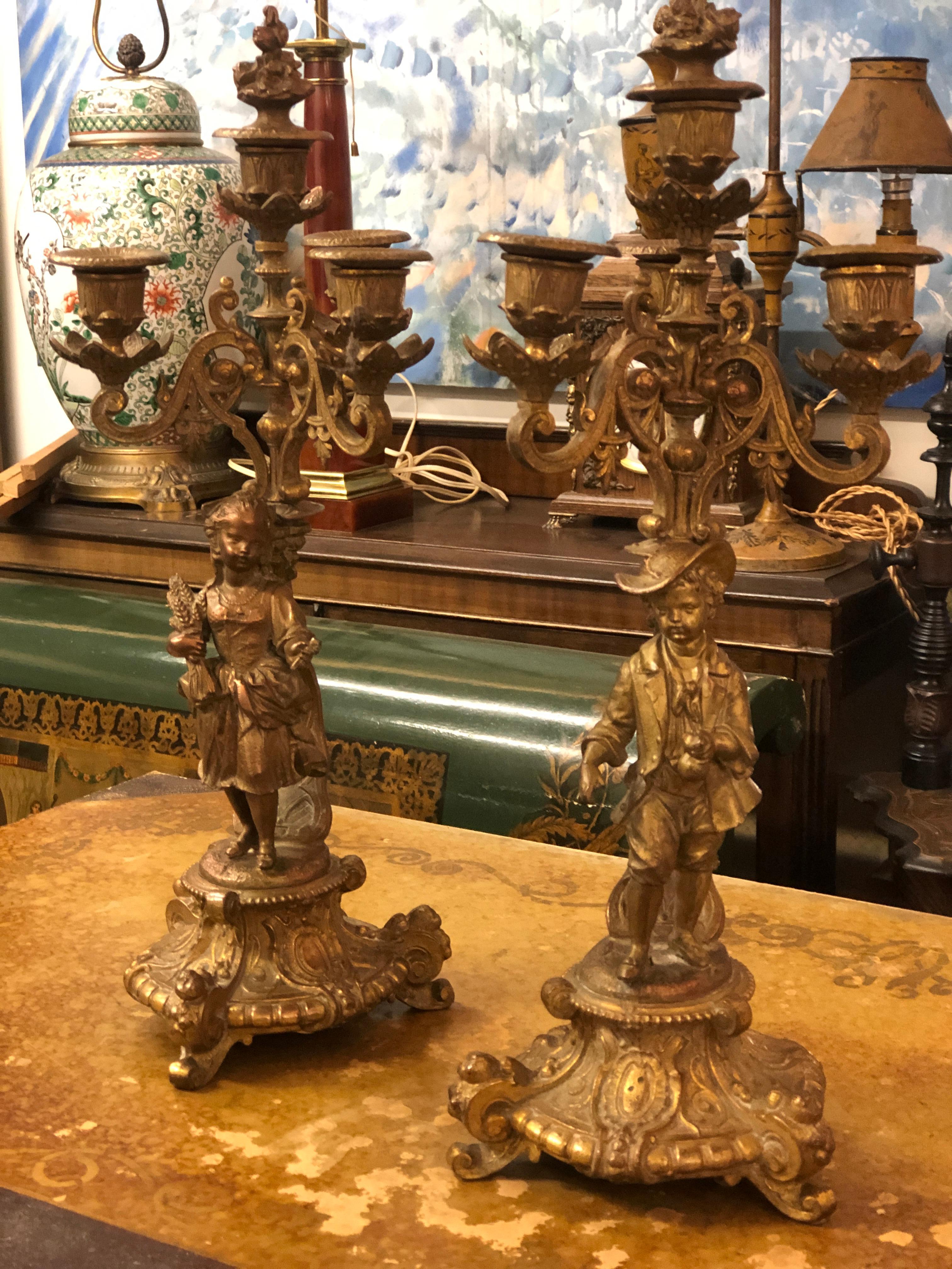 French Pair of Louis XV Style Four Branch Candelabras in Bronze In Good Condition For Sale In Sofia, BG