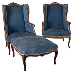 French Pair of Louis XV Wingback Bergeres & Ottoman