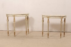 French Pair of Louis XVI Style Carved Wood & Faux Marble Top Demi-Lune Consoles