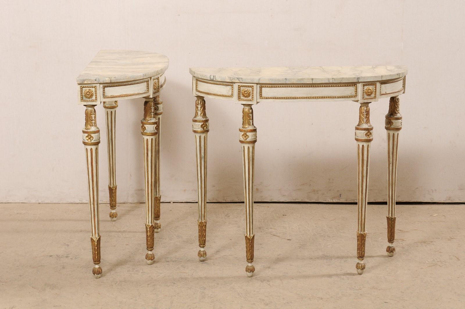 20th Century French Pair of Louis XVI Style Carved Wood & Faux Marble Top Demi-Lune Consoles