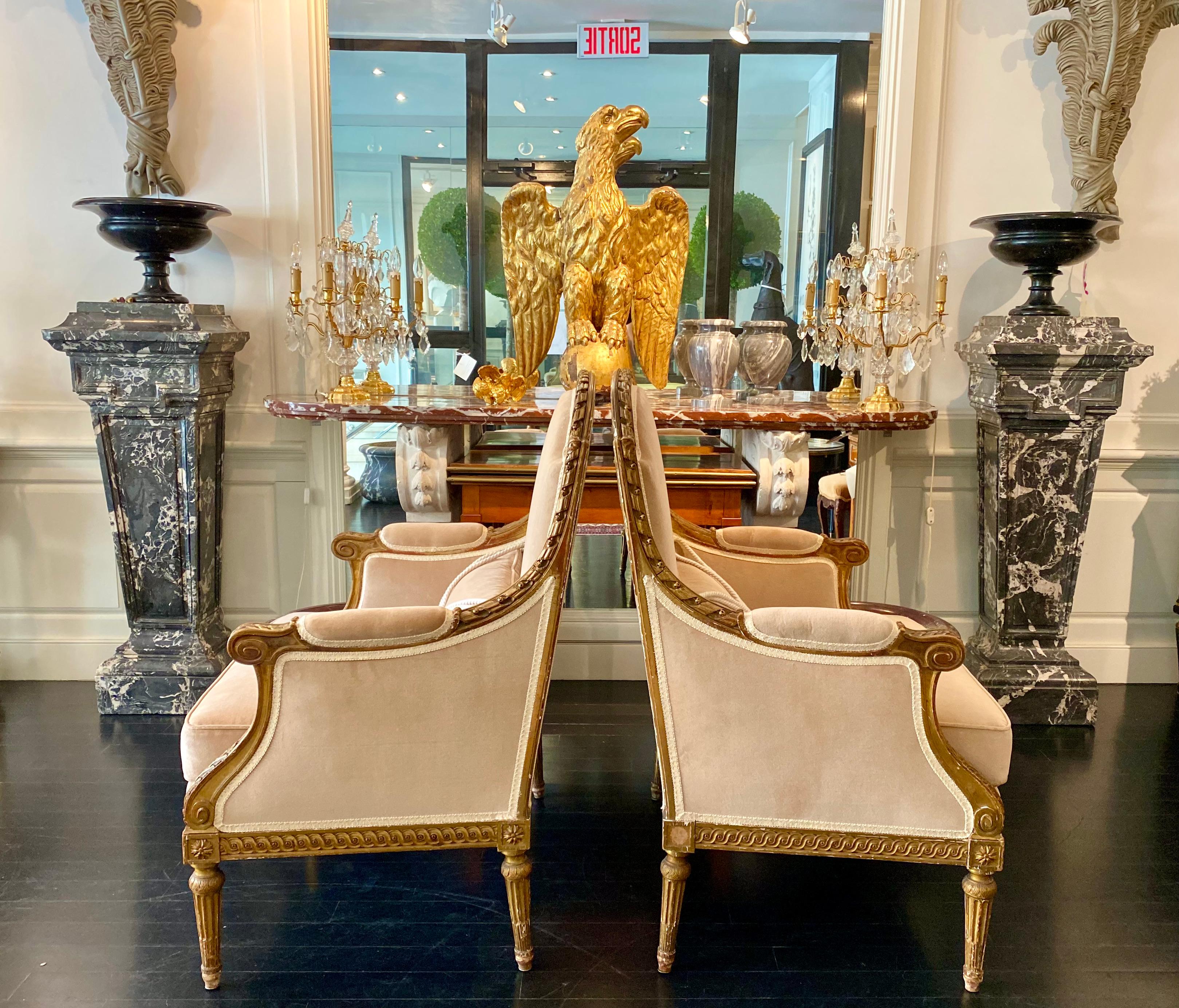 French Pair of Louis XVI Style Marquise Bergere Giltwood Armchairs For Sale 5