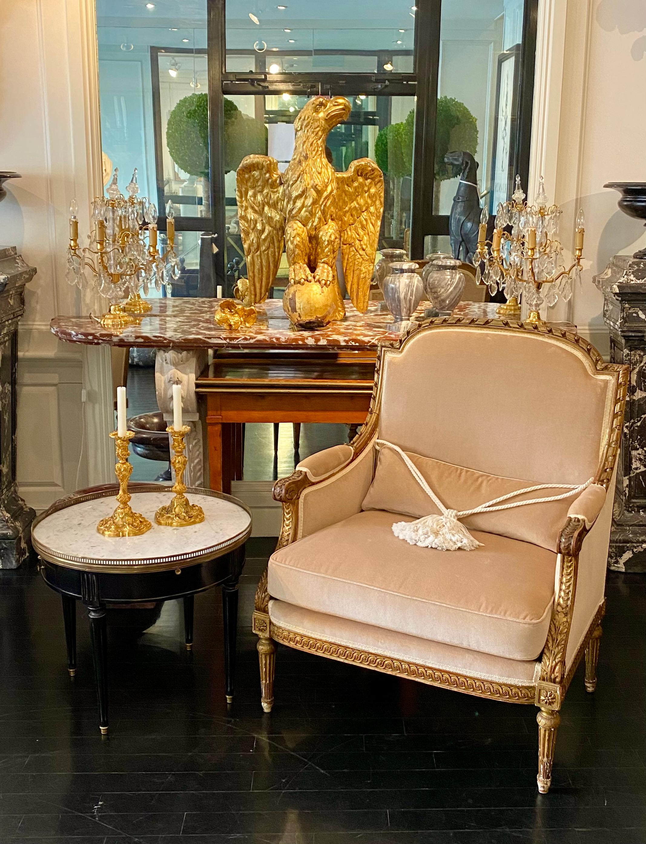 French Pair of Louis XVI Style Marquise Bergere Giltwood Armchairs For Sale 9