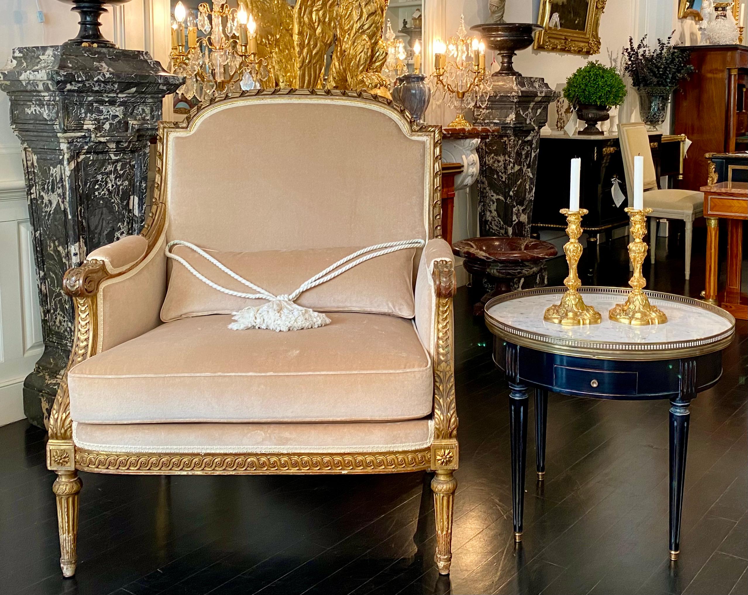 French Pair of Louis XVI Style Marquise Bergere Giltwood Armchairs For Sale 12