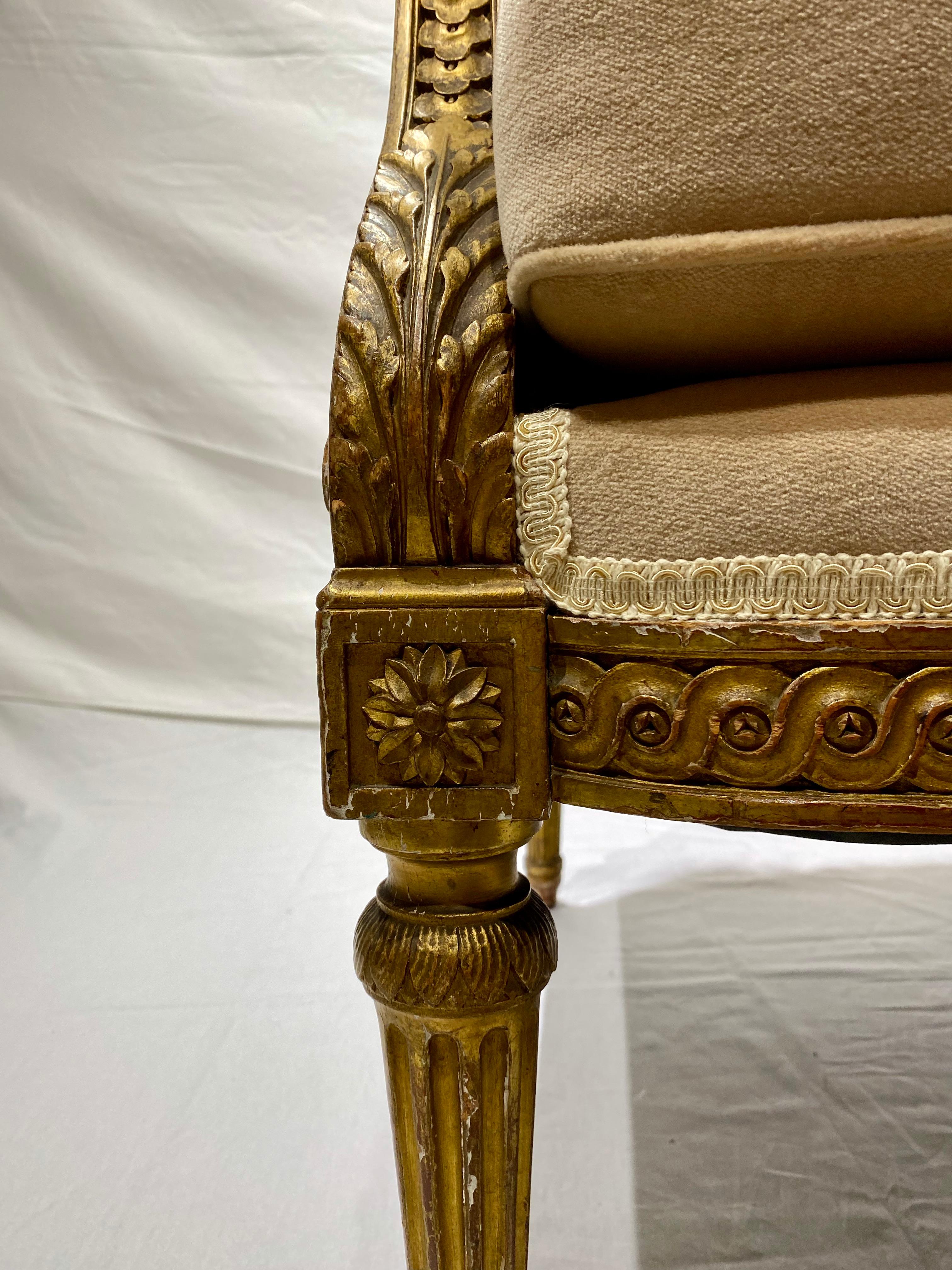 French Pair of Louis XVI Style Marquise Bergere Giltwood Armchairs For Sale 12