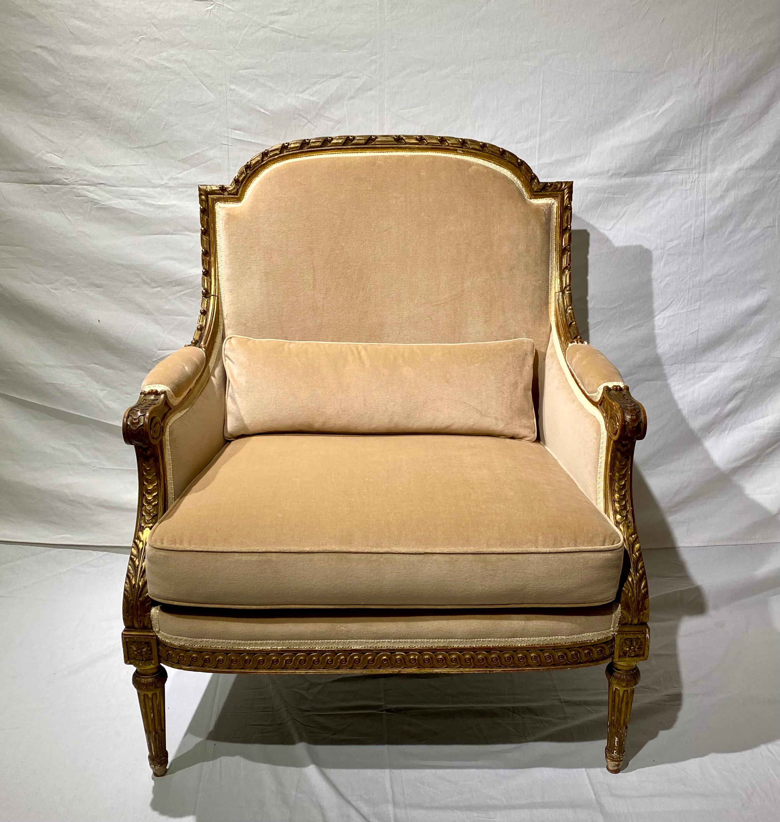 19th Century French Pair of Louis XVI Style Marquise Bergere Giltwood Armchairs For Sale