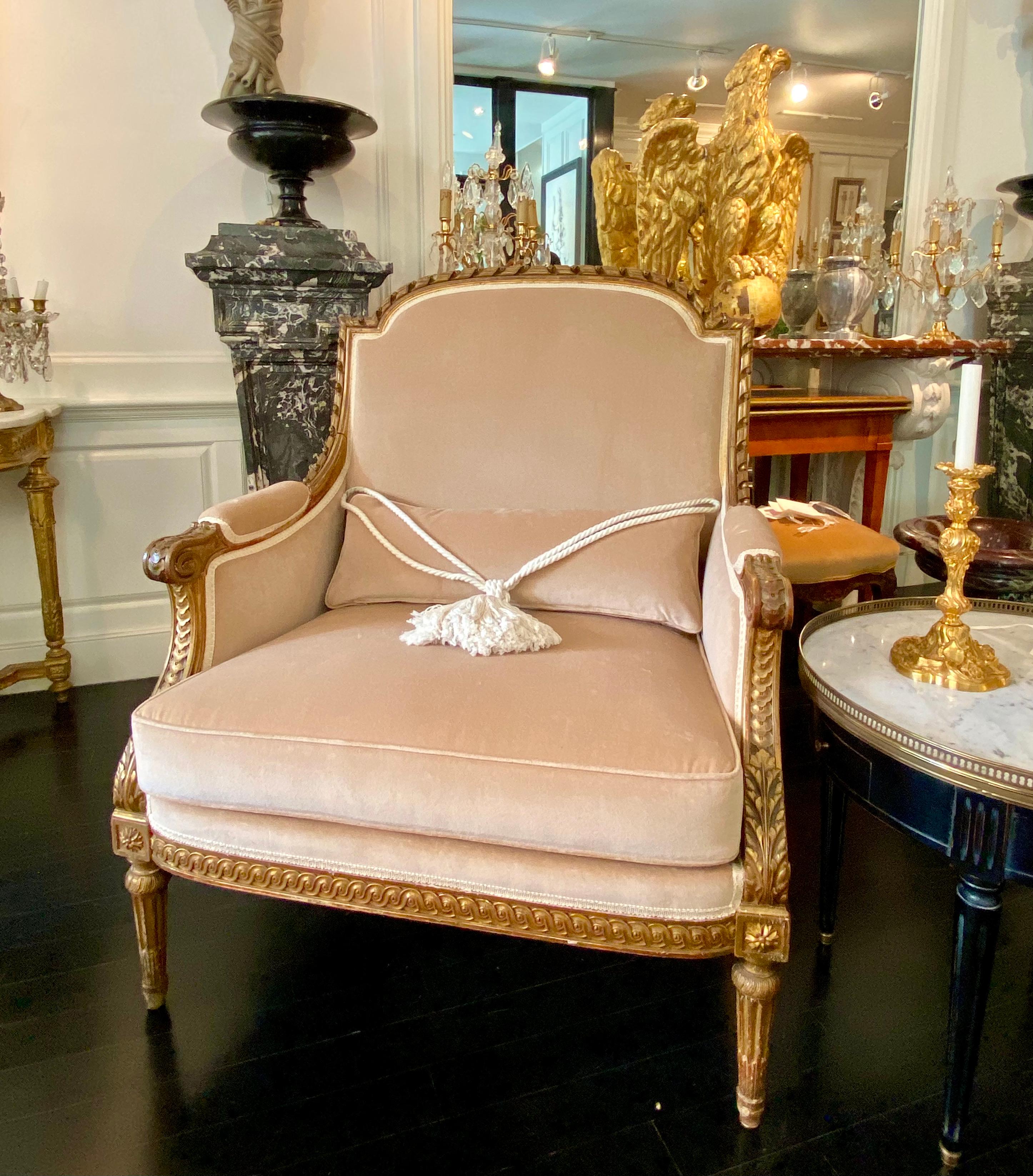 French Pair of Louis XVI Style Marquise Bergere Giltwood Armchairs For Sale 3