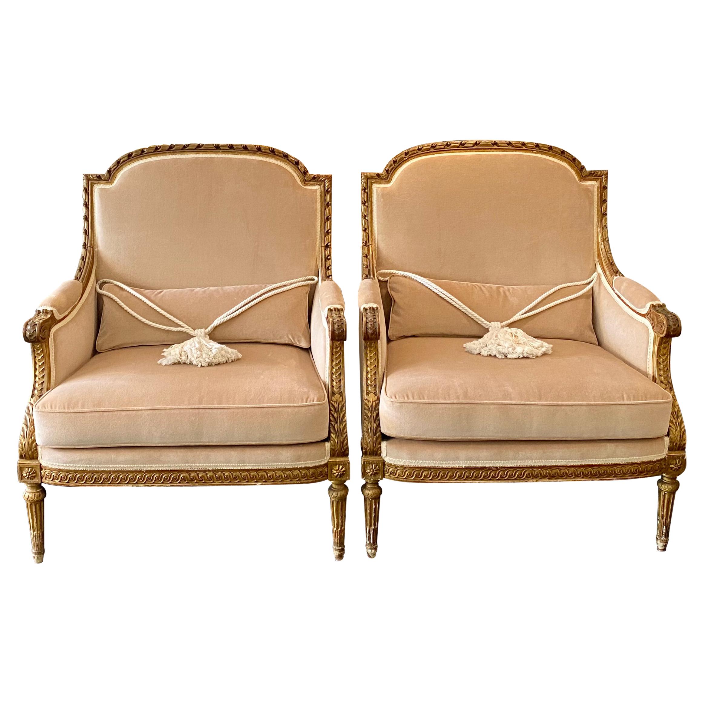 French Pair of Louis XVI Style Marquise Bergere Giltwood Armchairs
