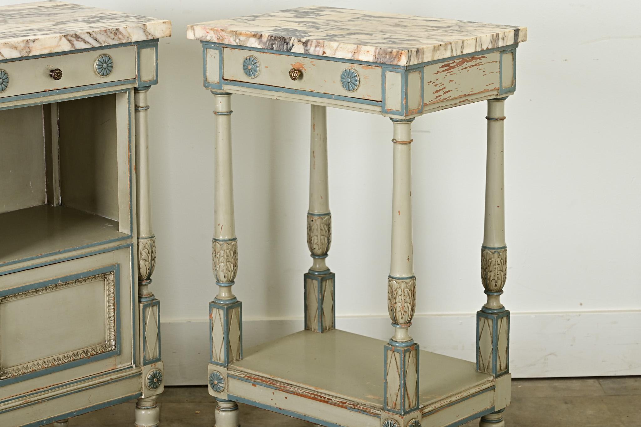 French Pair of Louis XVI style Painted Bedside Tables 7