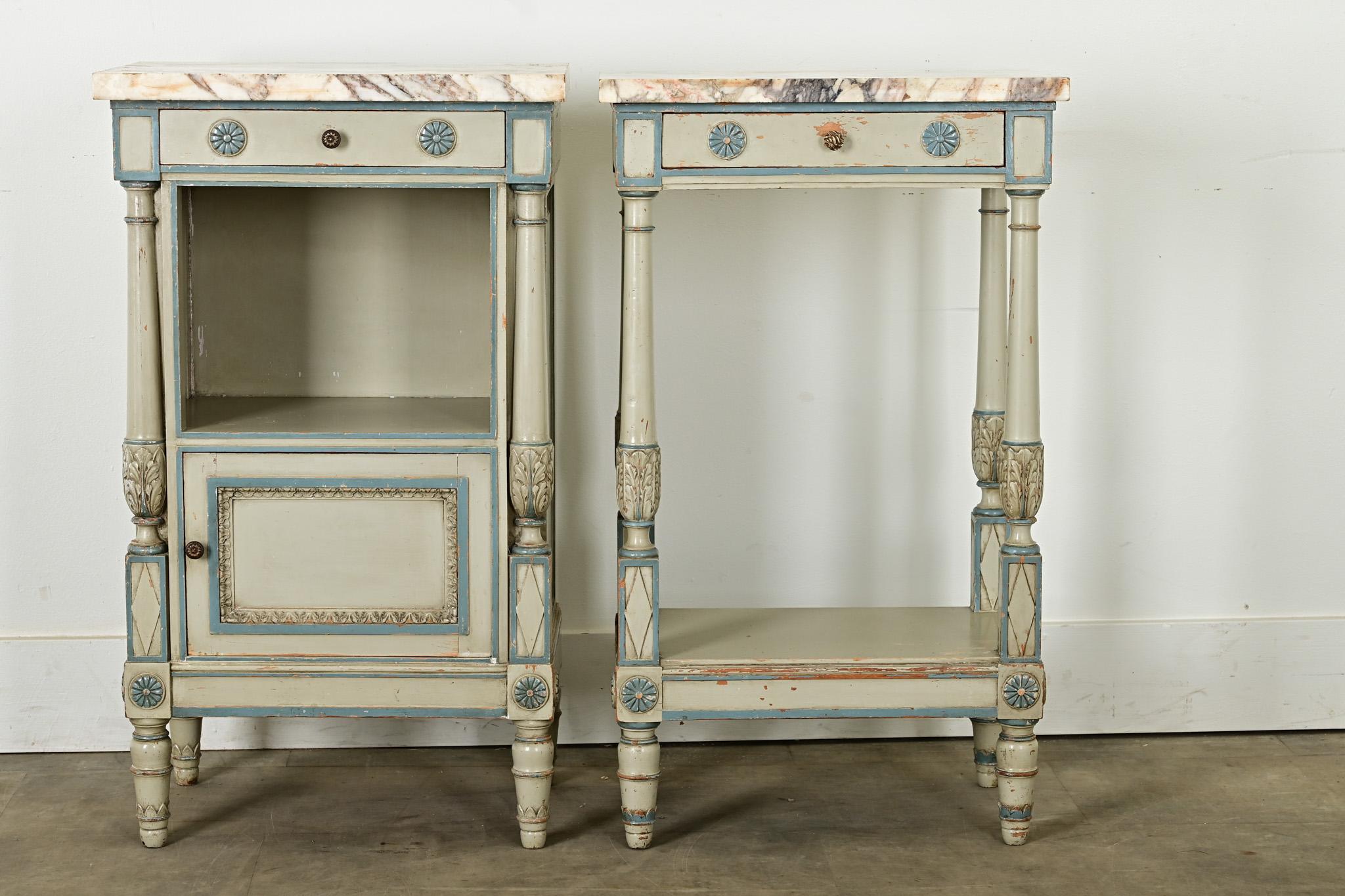 A delightful pair of coordinating Louis XVI style painted bedside tables from France. Each table features luxurious, marble tops like Calacatta Viola that are painterly and practical. Both units offer a shallow drawer at the apron, but differ in the