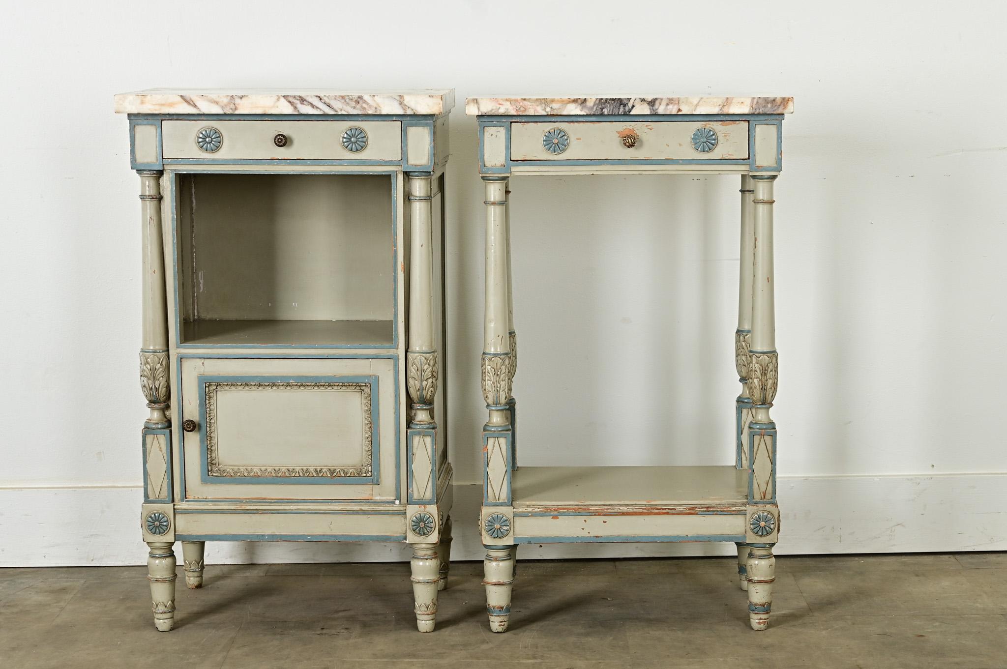 Carved French Pair of Louis XVI style Painted Bedside Tables