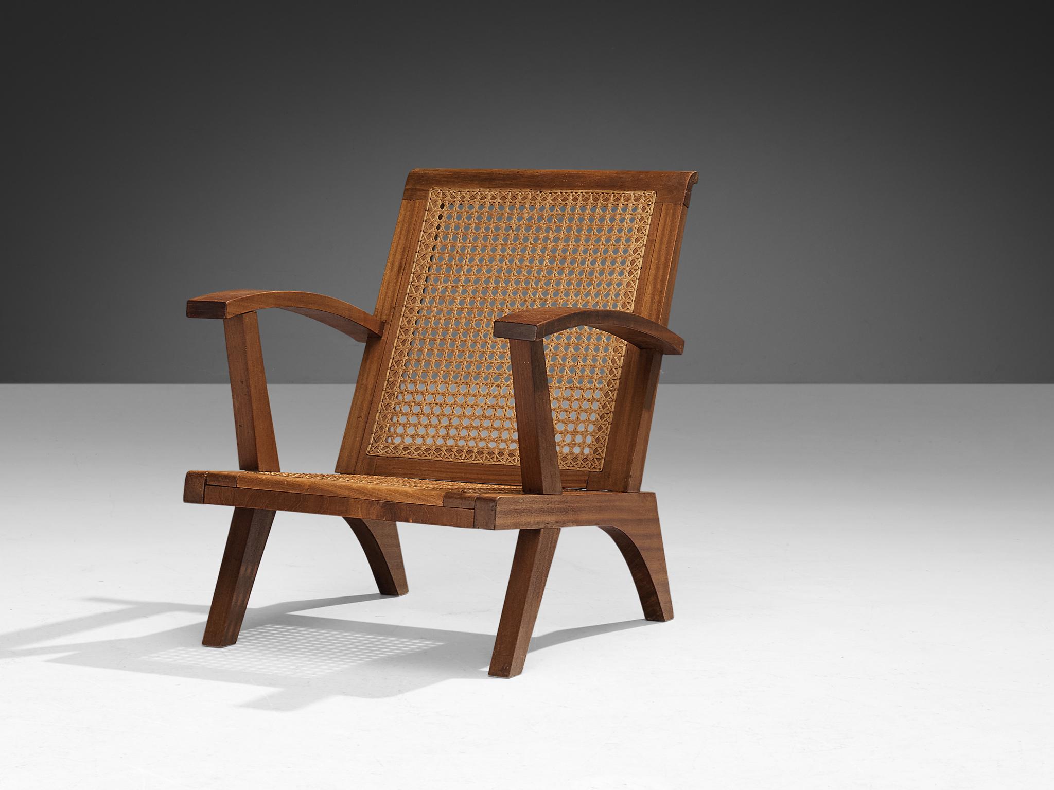 Mid-Century Modern French Pair of Lounge Chairs in Teak and Cane