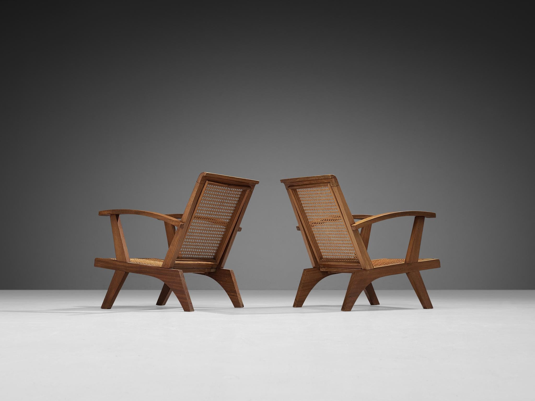 Mid-20th Century French Pair of Lounge Chairs in Teak and Cane