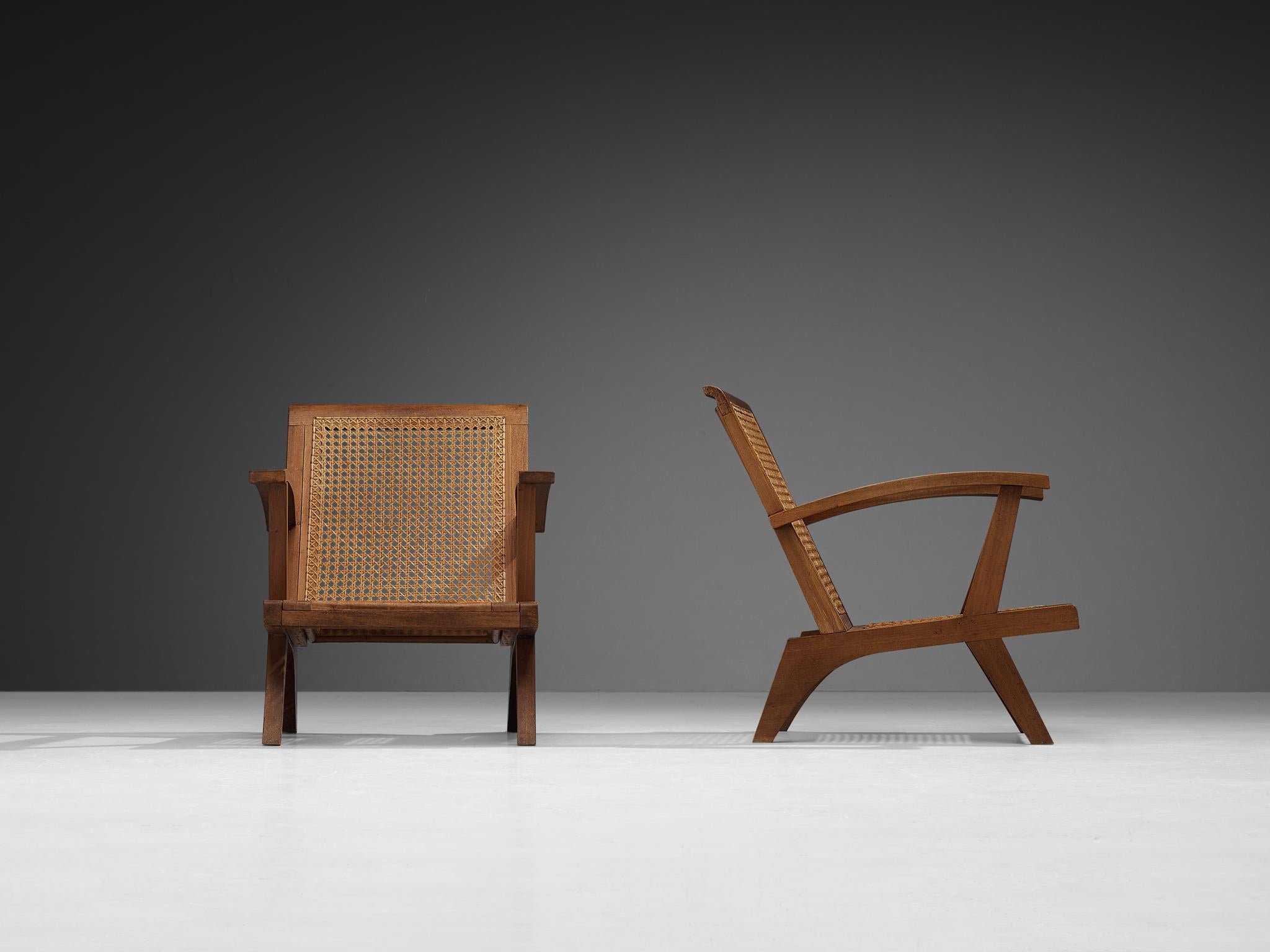 French Pair of Lounge Chairs in Teak and Cane 1