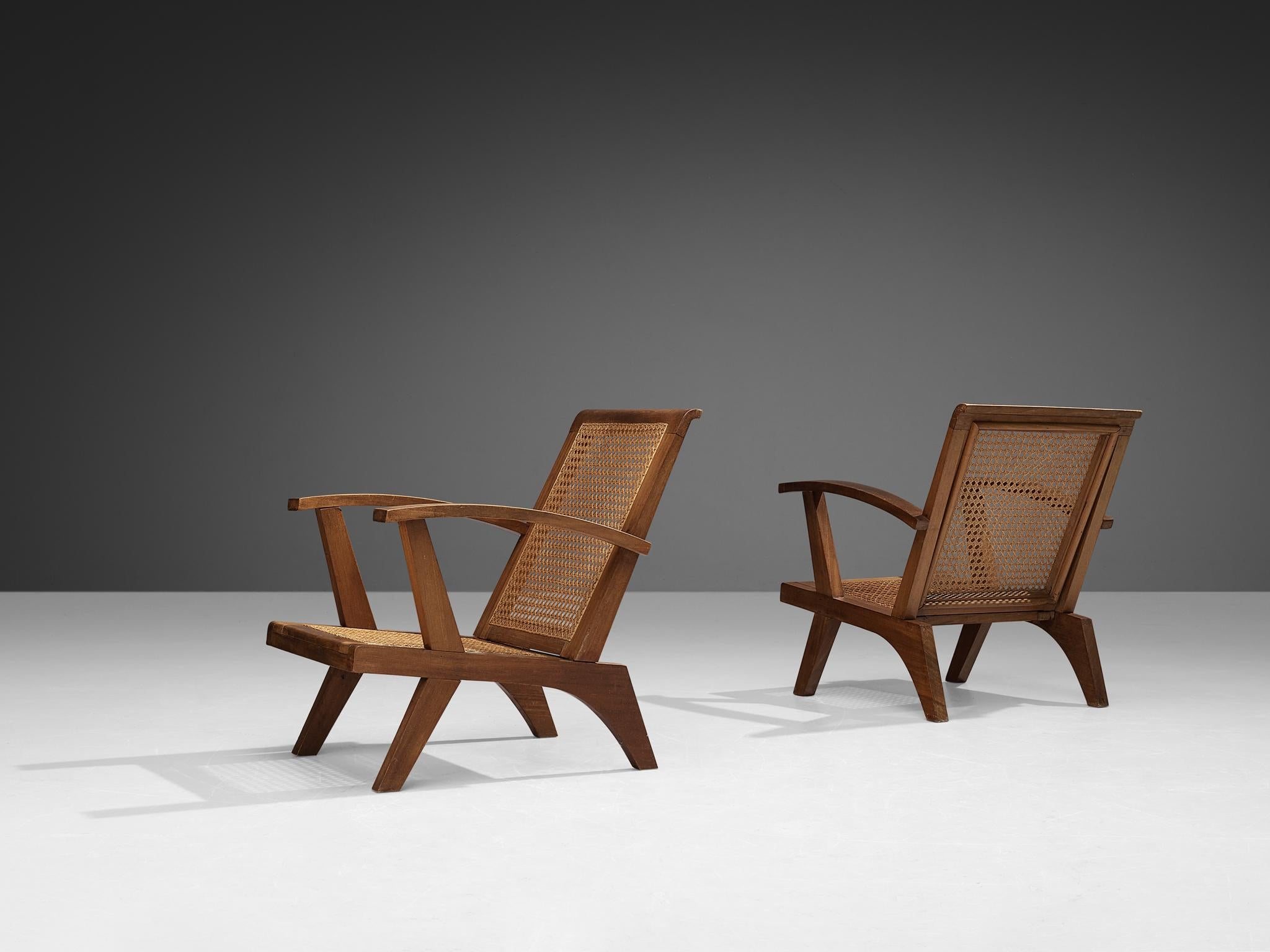 French Pair of Lounge Chairs in Teak and Cane 4