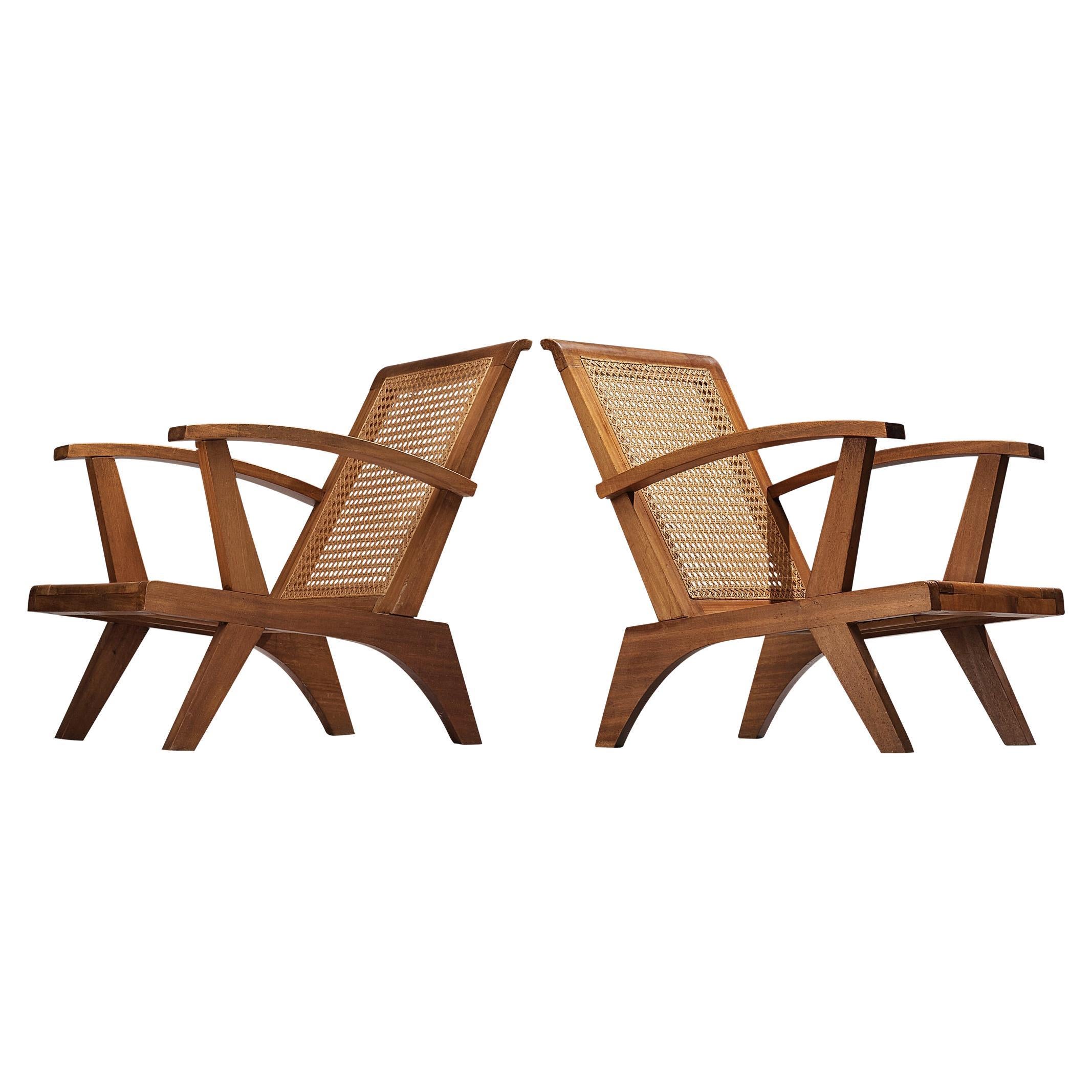 French Pair of Lounge Chairs in Teak and Cane