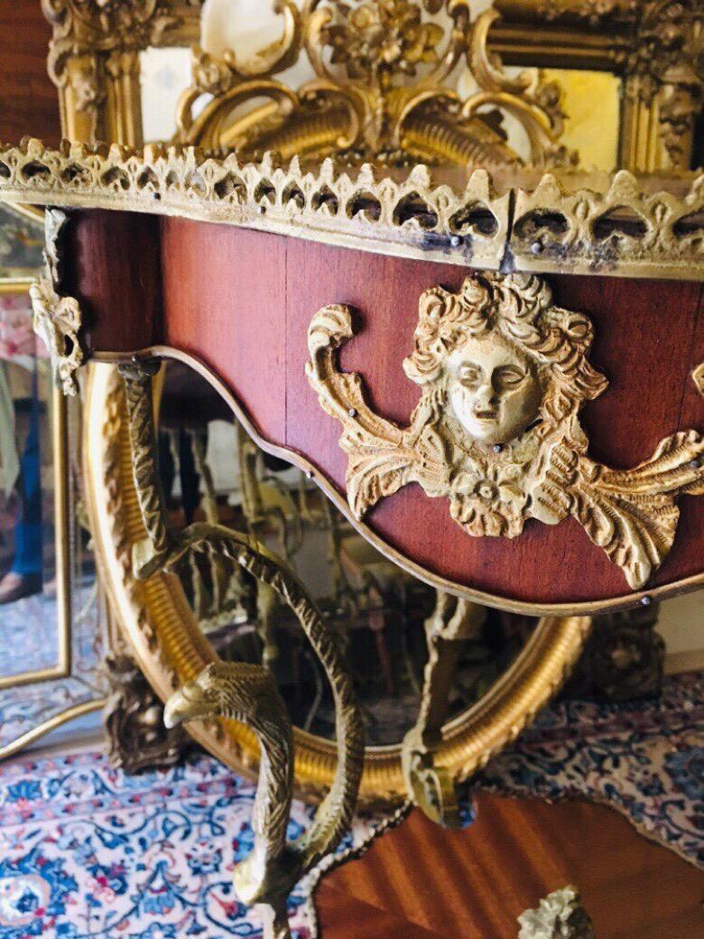 19th Century Pair of Mahogany Inlaid Side Tables, Rich Bronze Decoration , France 1860