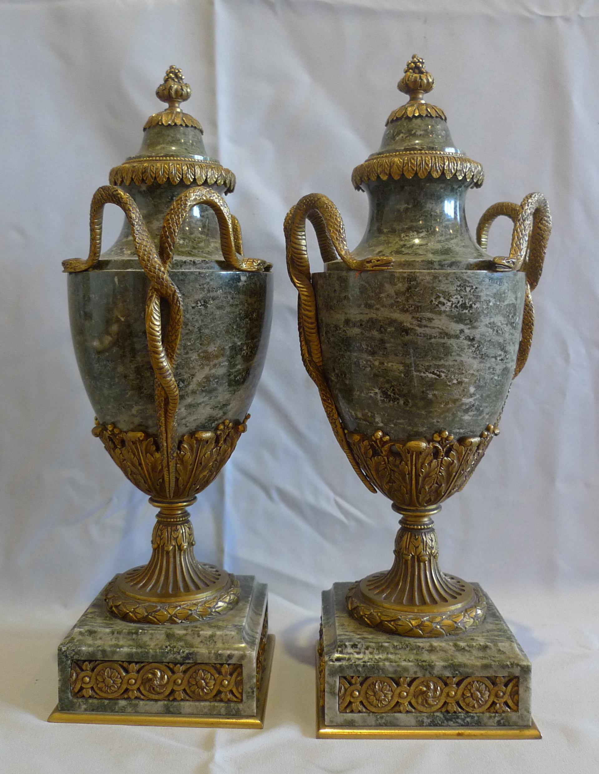 Napoleon III French Pair of Marble and Ormolu Lidded Urns Stamped For Sale