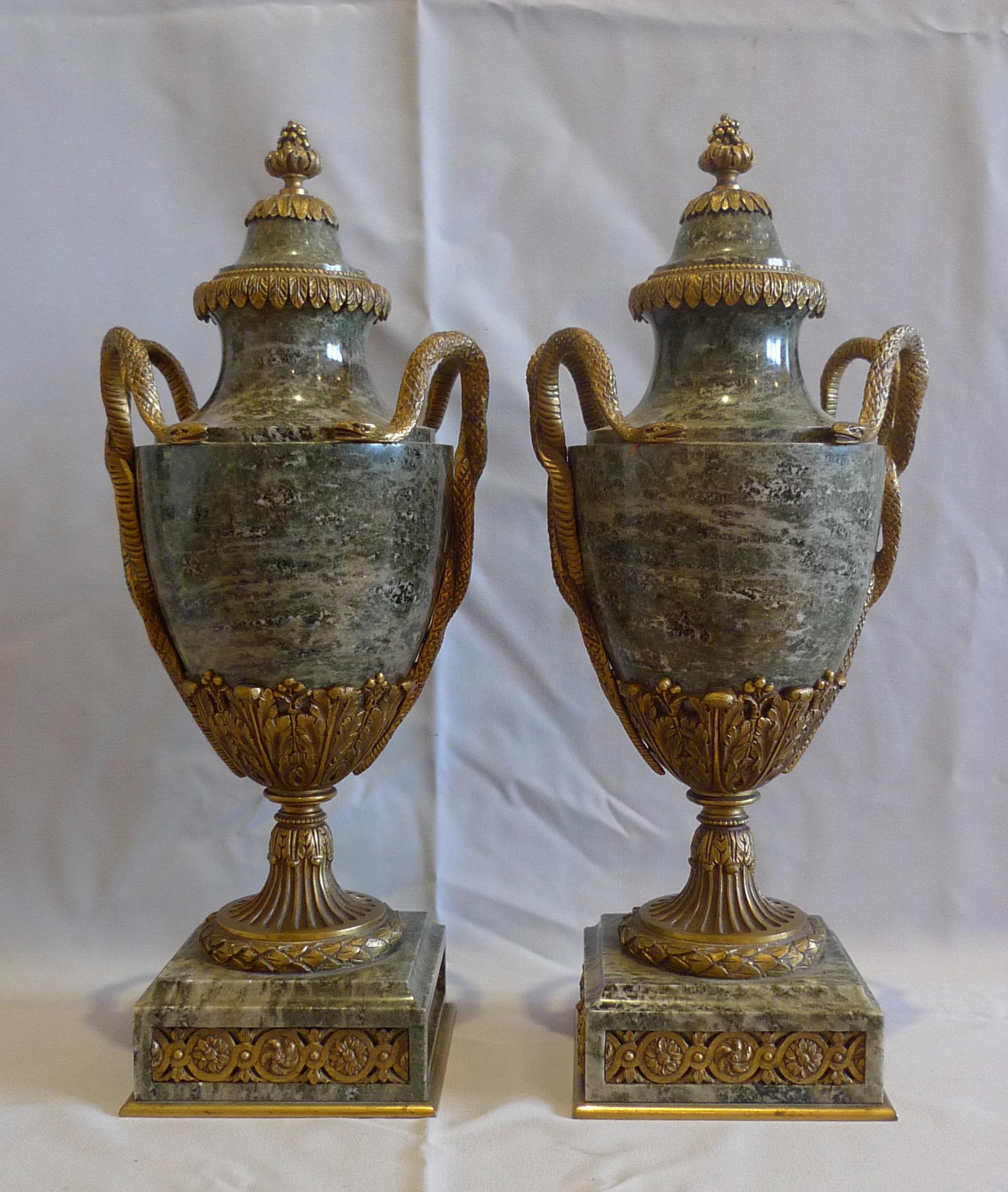 French Pair of Marble and Ormolu Lidded Urns Stamped In Good Condition For Sale In London, GB