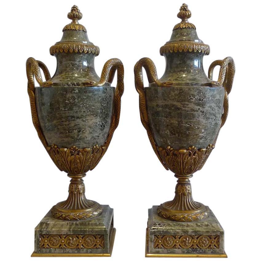 French Pair of Marble and Ormolu Lidded Urns Stamped For Sale