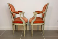 French Pair of Medallion Armchairs Louis XVI Style in Orange Velvet, circa 1950