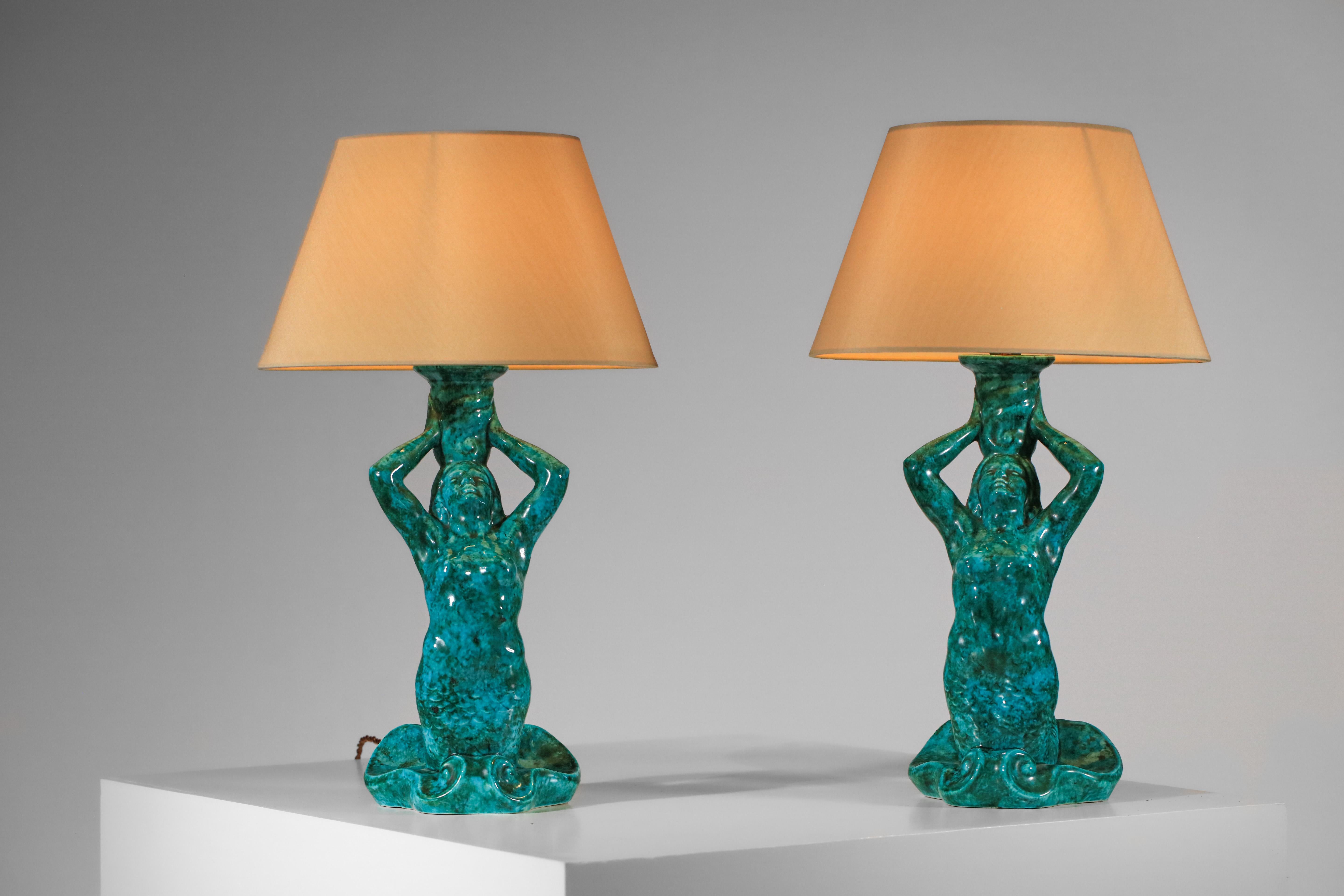 French Pair of mermaid lamps signed SRD Paris green-blue 50's ceramic 2