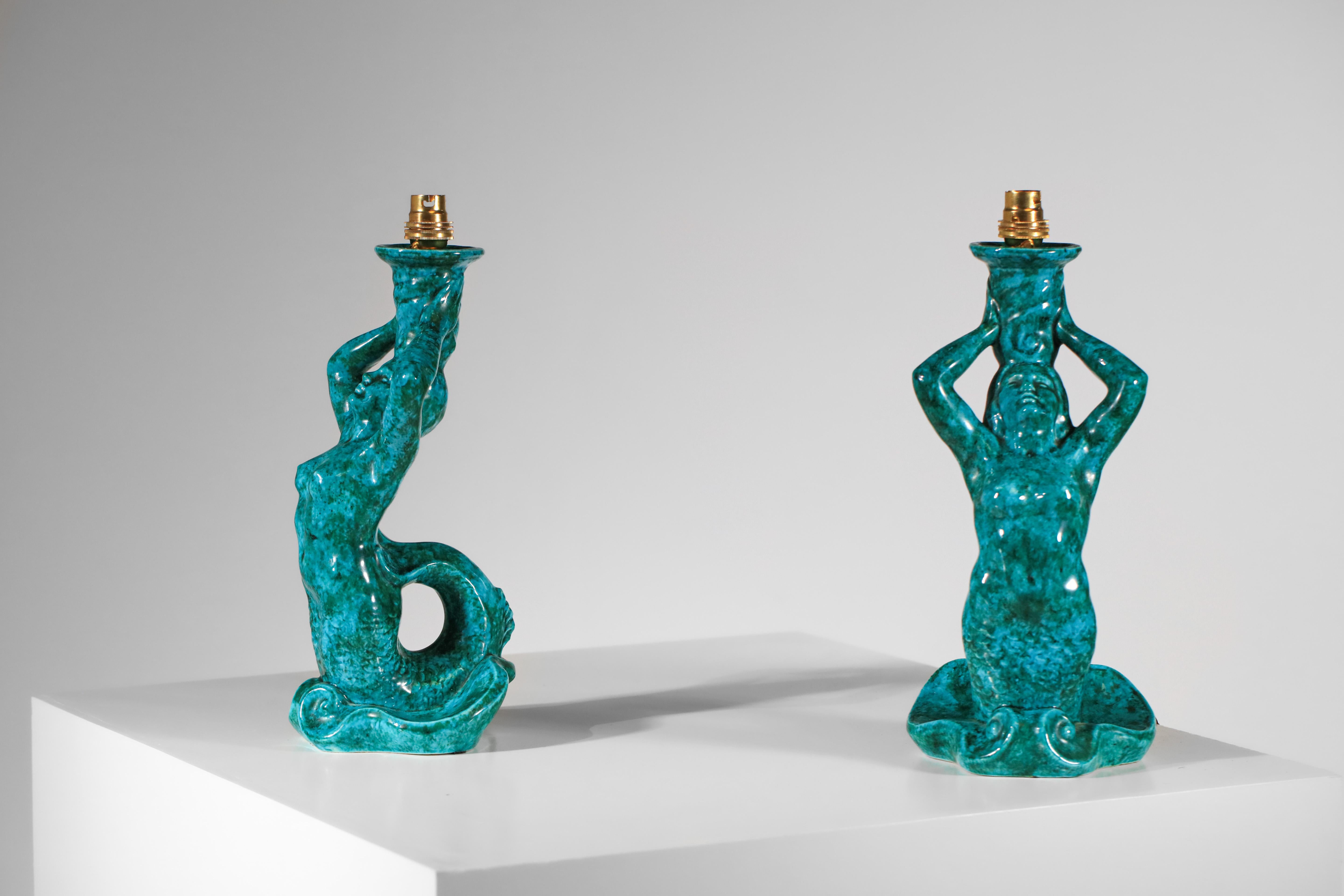 French Pair of mermaid lamps signed SRD Paris green-blue 50's ceramic 3