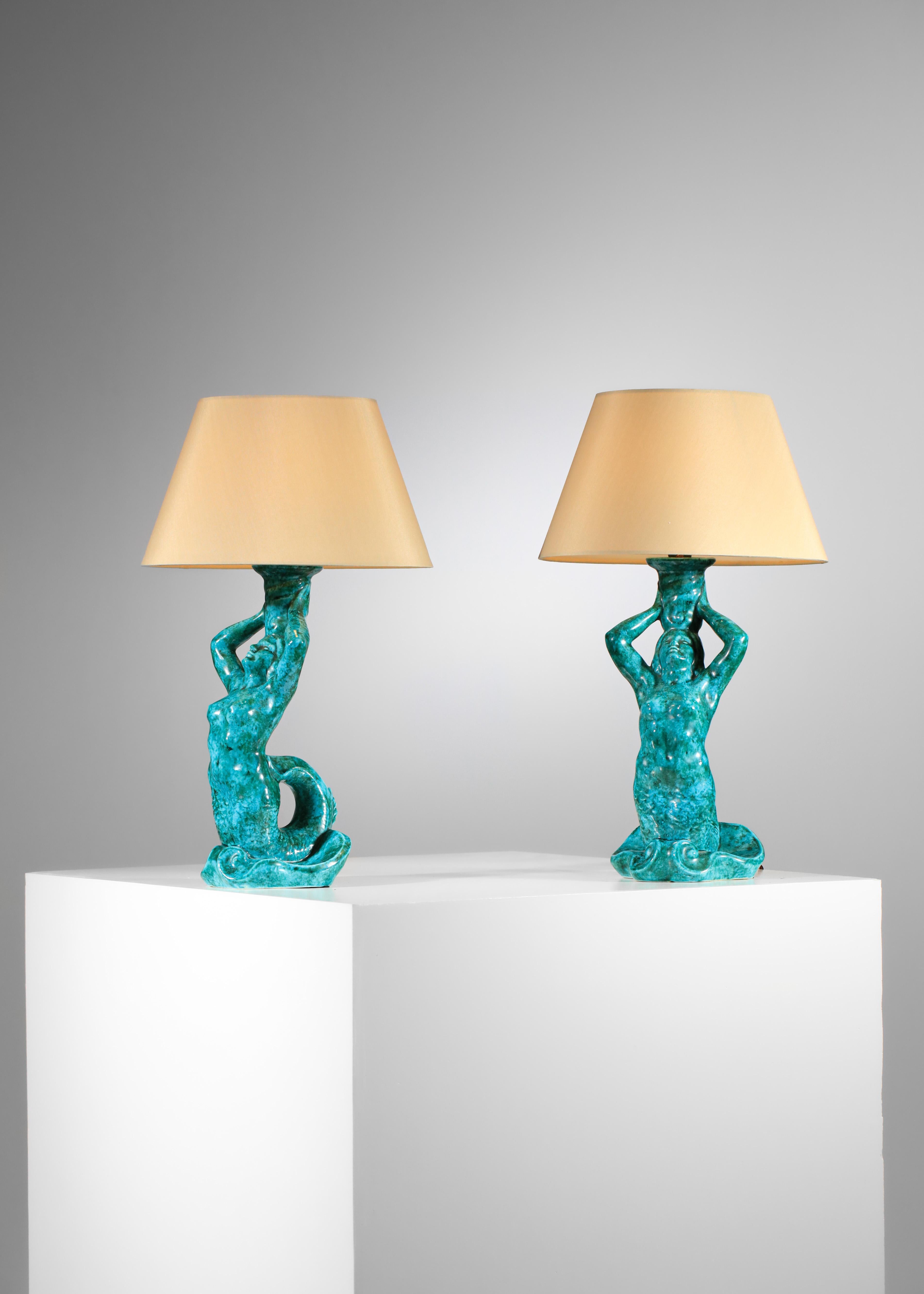 French Pair of mermaid lamps signed SRD Paris green-blue 50's ceramic 5