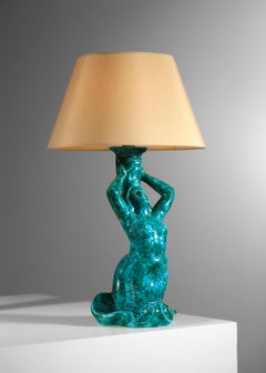 French Pair of mermaid lamps signed SRD Paris green-blue 50's ceramic
